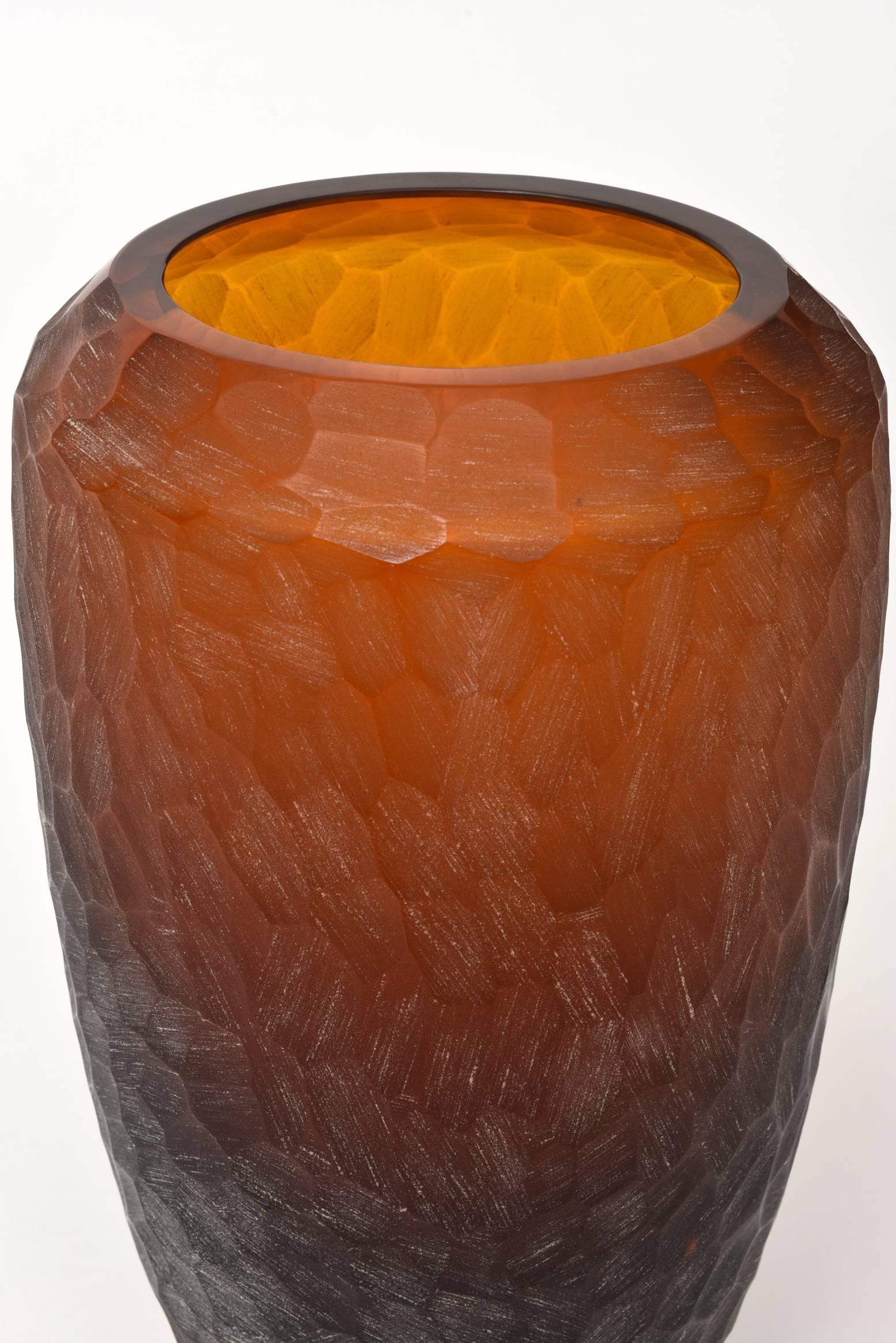 Rare Italian Modern Dark Amber and Gilt Decorated Vase, Seguso For Sale 1