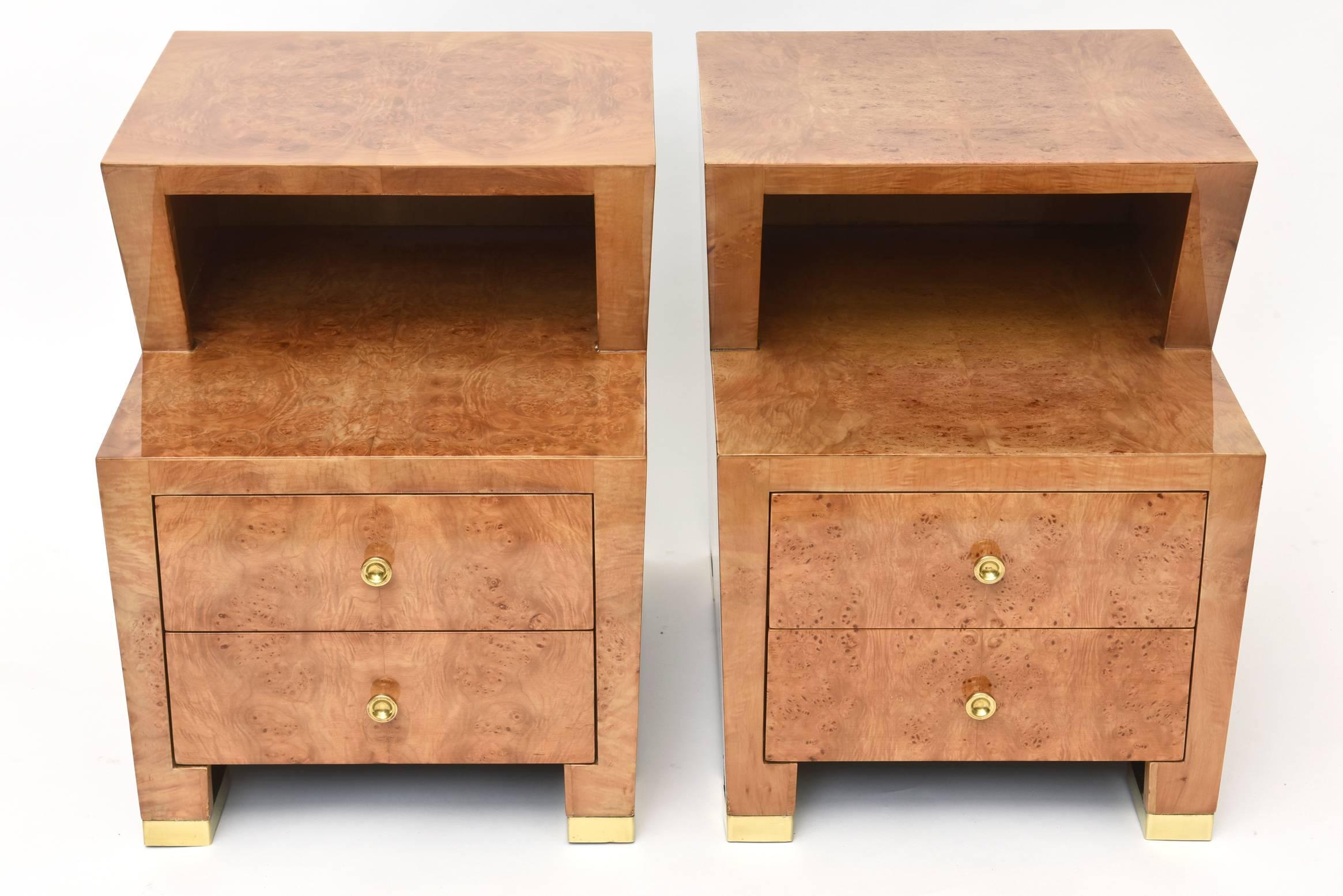 Pair of Sir Edmund Spence Burled Maple Two-Drawer Night or End Tables 1