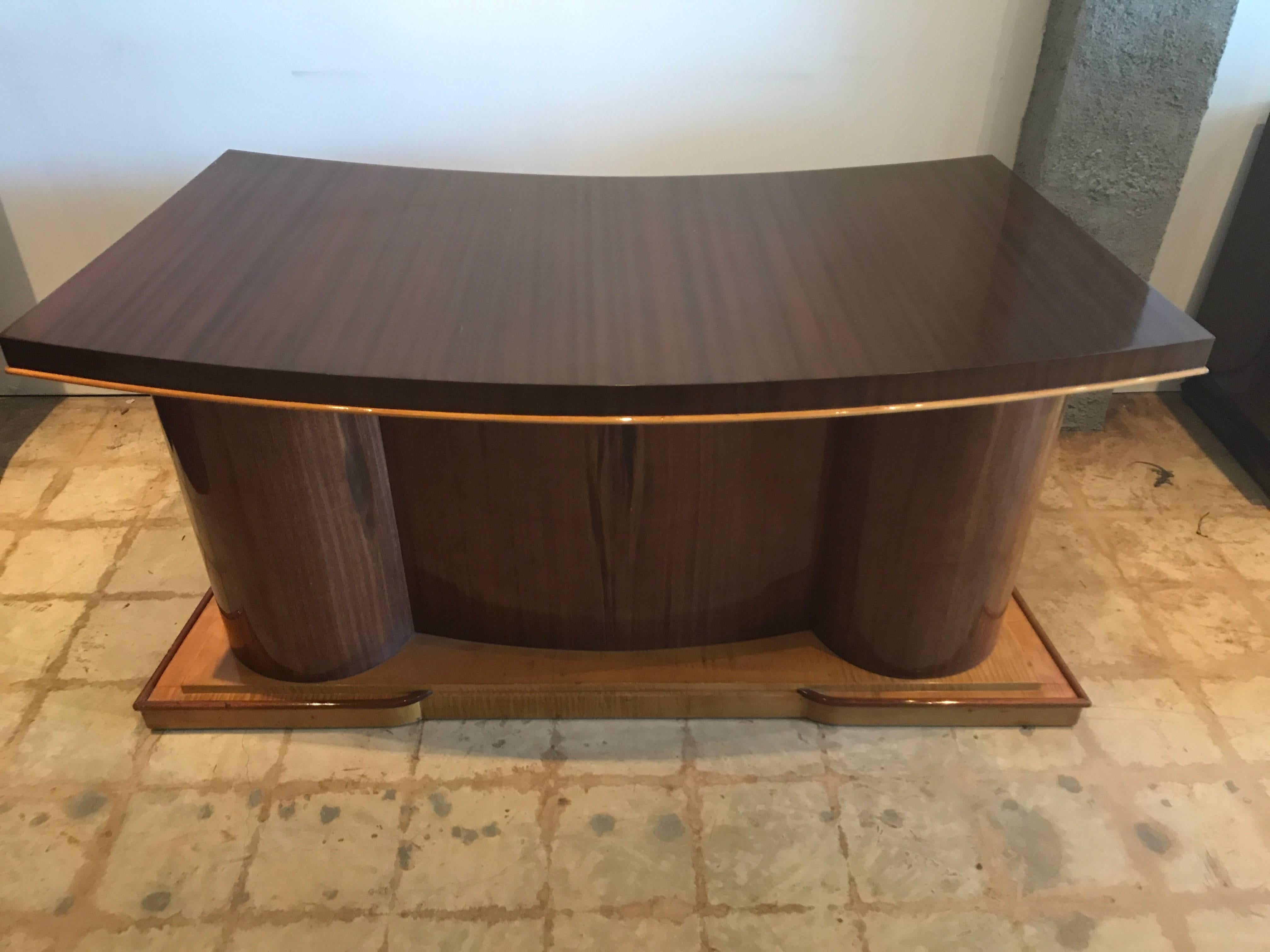 French Jacques Adnet attributed Rosewood, Mahogany and Fruitwood Desk, France