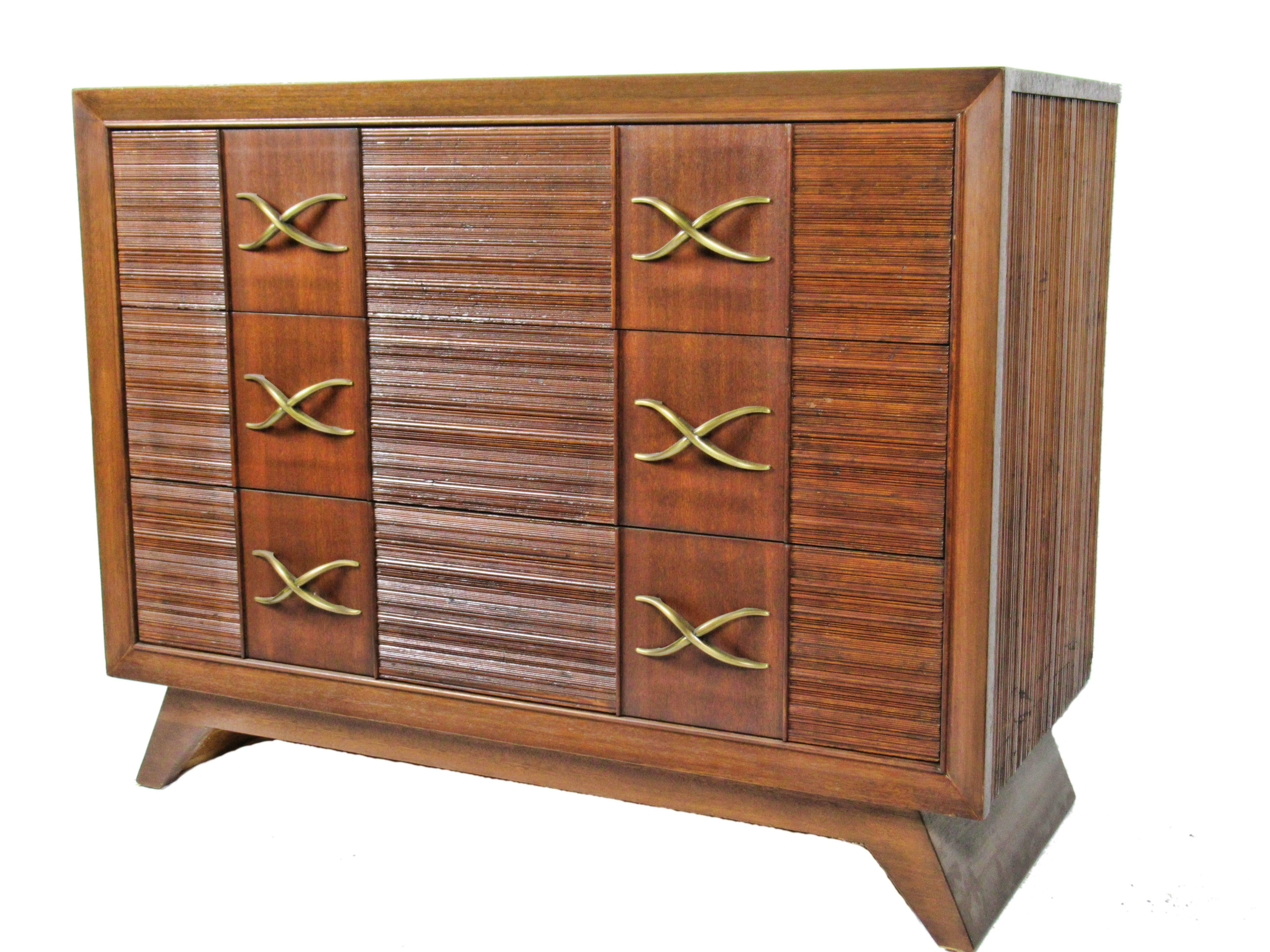American Modern Dark Walnut and Brass Three-Drawer Chest, Paul Frankl In Excellent Condition For Sale In Hollywood, FL