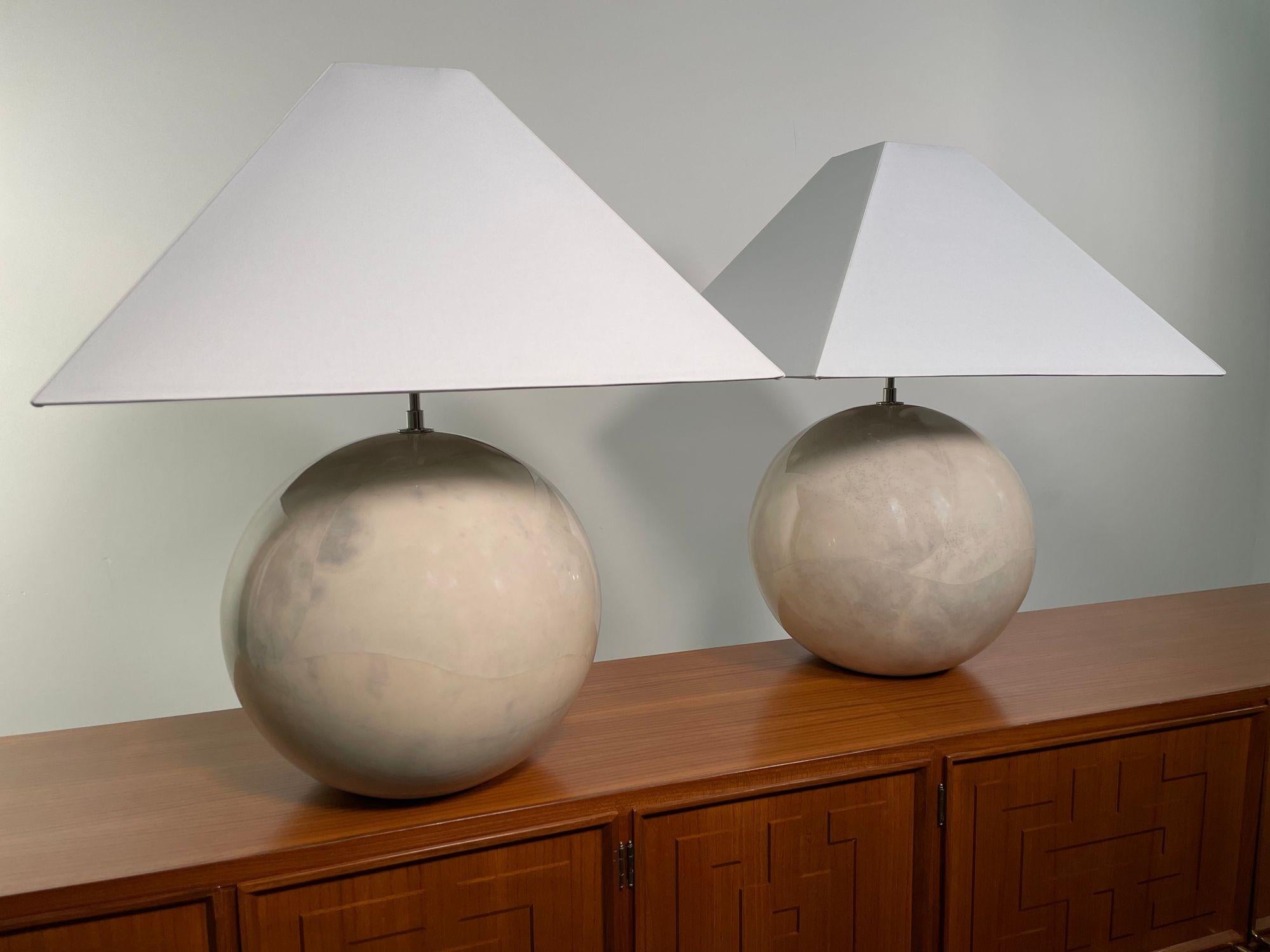 Pair American Modern Large, Goatskin, Sphere Lamps, Karl Springer LTD For Sale 4