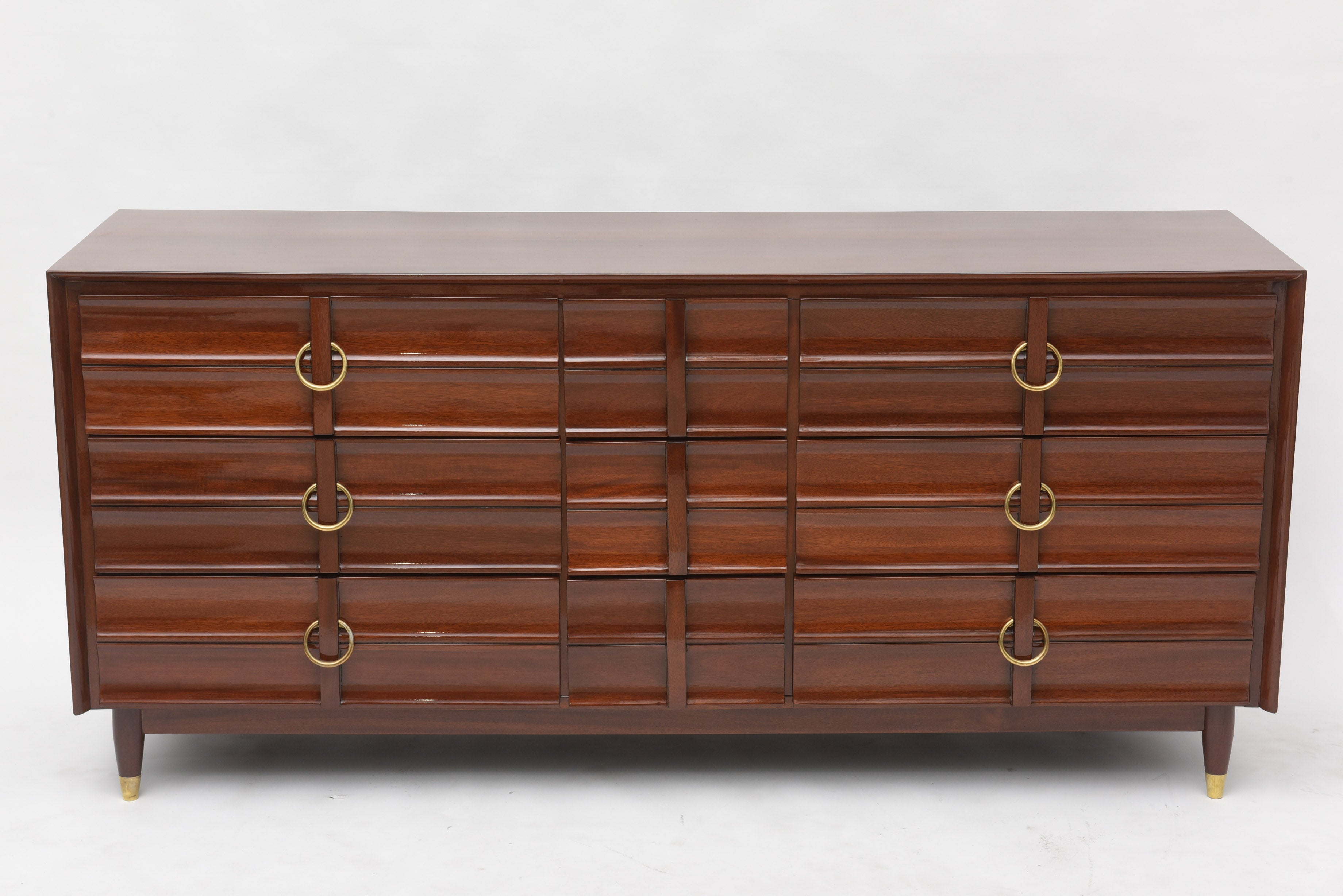 American Modern Mahogany and Brass Nine-Drawer Commode, Style of Parzinger