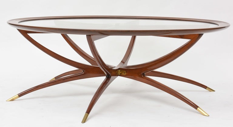 Mid-Century Modern Italian Modern Mahogany, Brass and Glass Low Table, Carlo de Carli