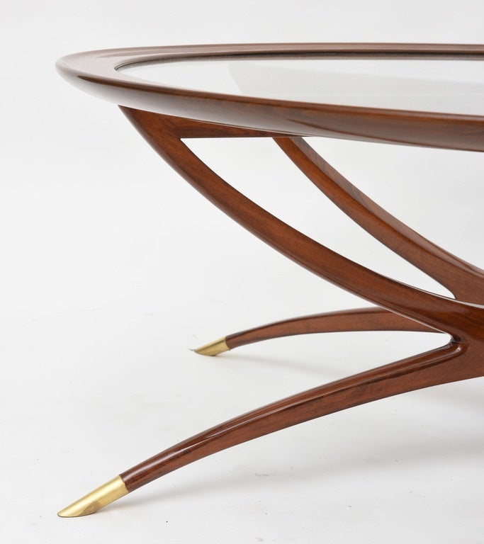 Italian Modern Mahogany, Brass and Glass Low Table, Carlo de Carli In Excellent Condition In Hollywood, FL