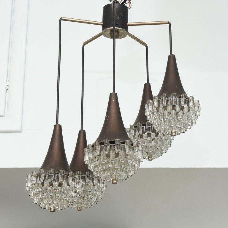 Mid-Century Modern Italian Modern Five-Light Bronze and Glass Chandelier Manner of Max Ingrand For Sale