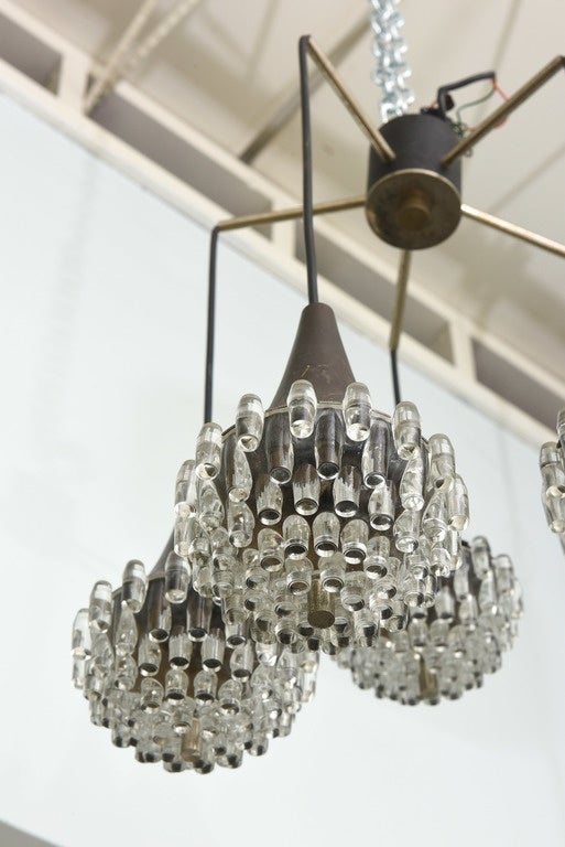 Mid-20th Century Italian Modern Five-Light Bronze and Glass Chandelier Manner of Max Ingrand For Sale