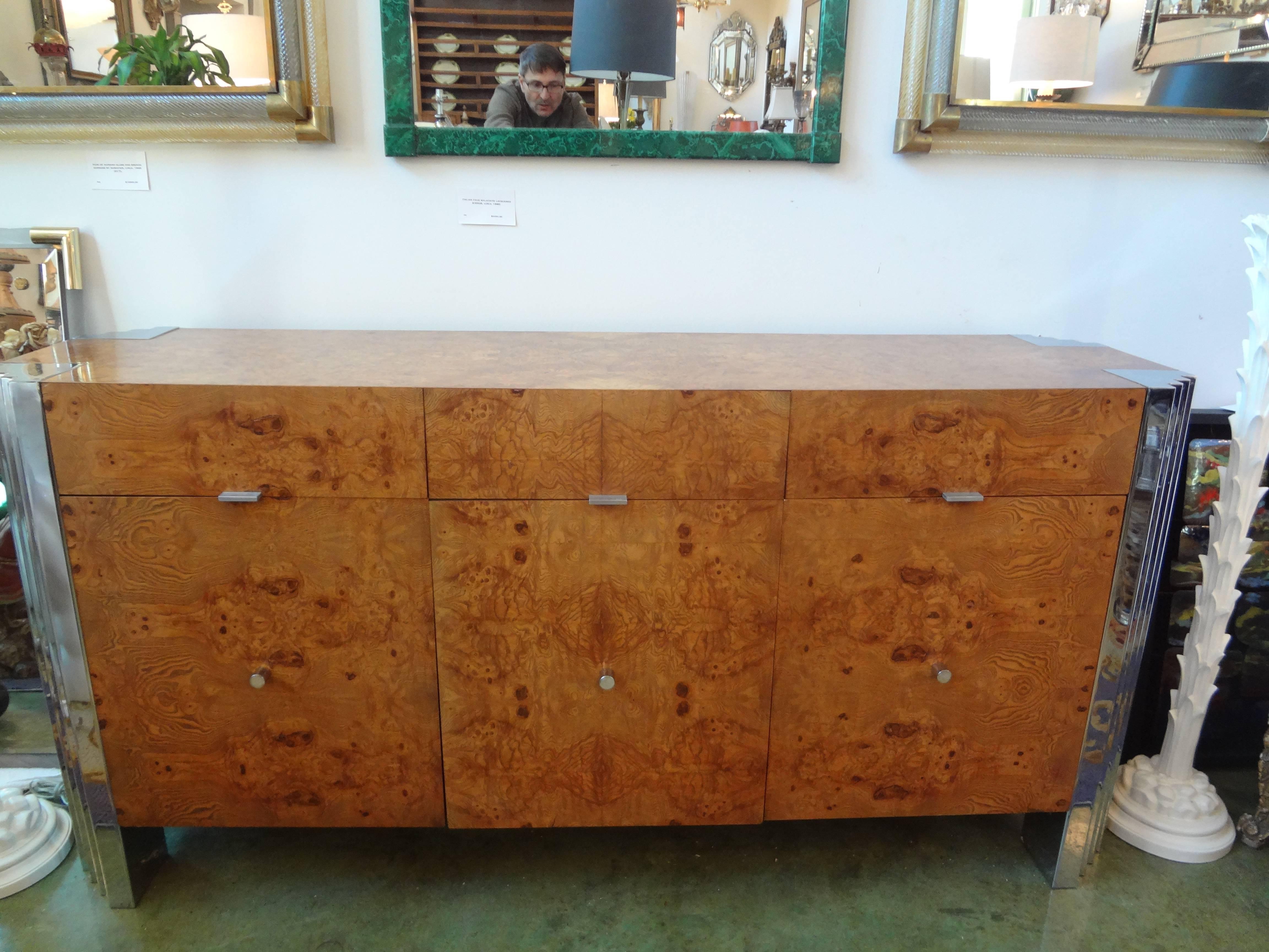 Gorgeous Mid-Century Modern Milo Baughman or Pace style skyscraper burled elm and chrome buffet or credenza. Three drawers above three cabinets.