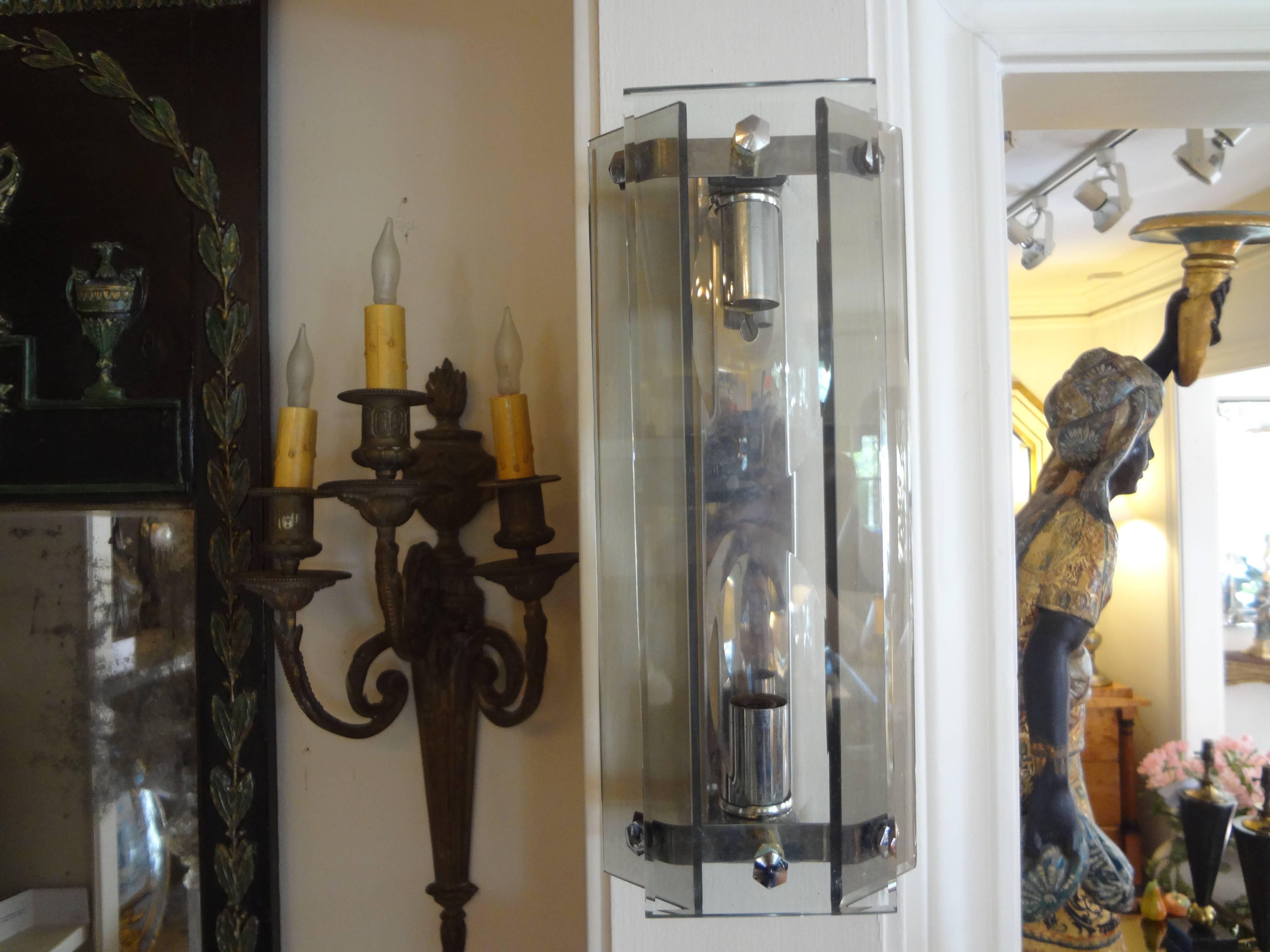 Pair of Italian Mid-Century Modern Glass Sconces Inspired by Fontana Arte In Good Condition In Houston, TX