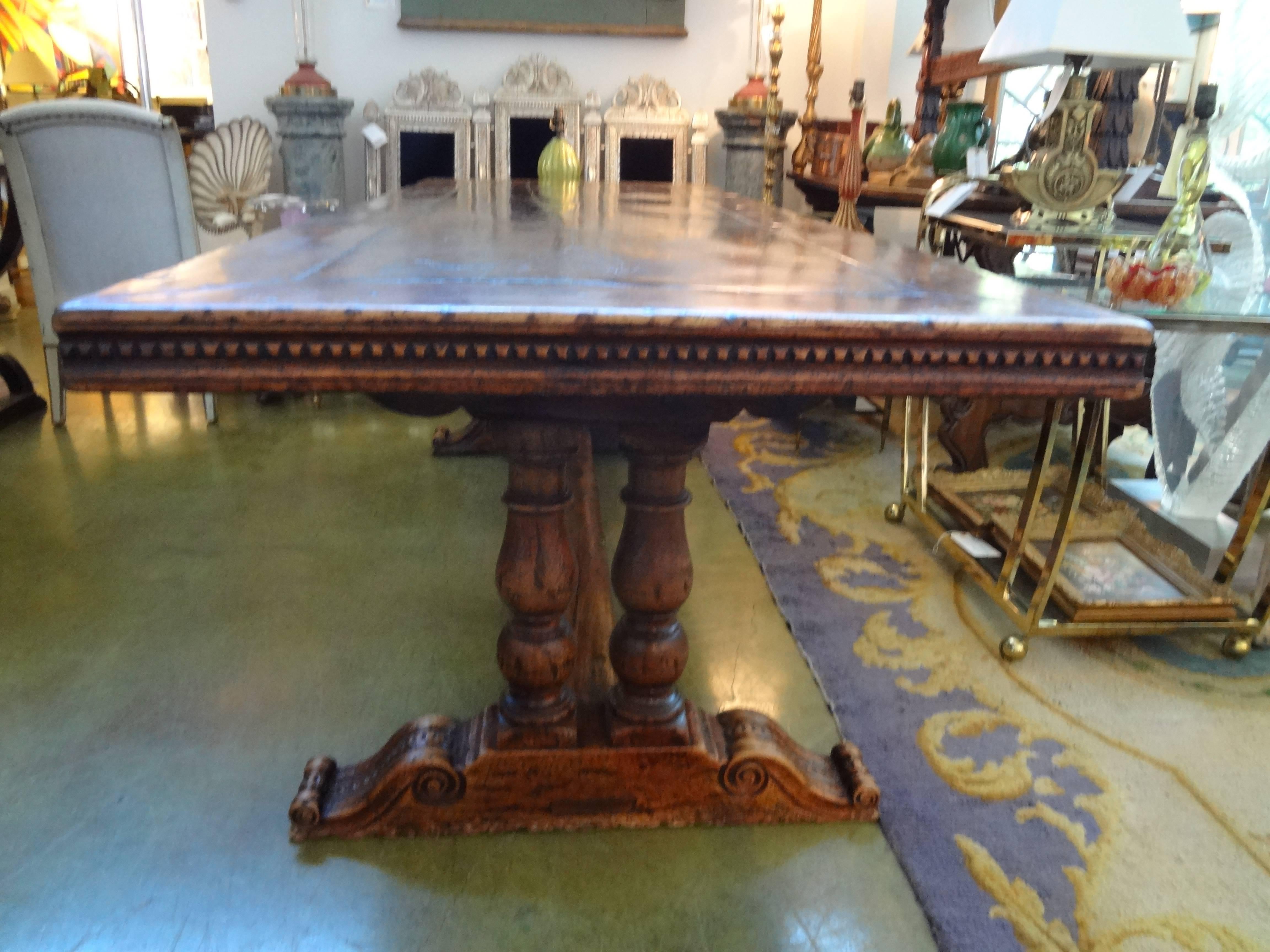 Handsome Antique French Louis XIV style walnut dining table with beautifully detailed apron and trestle support from The Burgundy Region of France (will accommodate 8). Measure: 91.5 inches  L.  Great Patina!



 