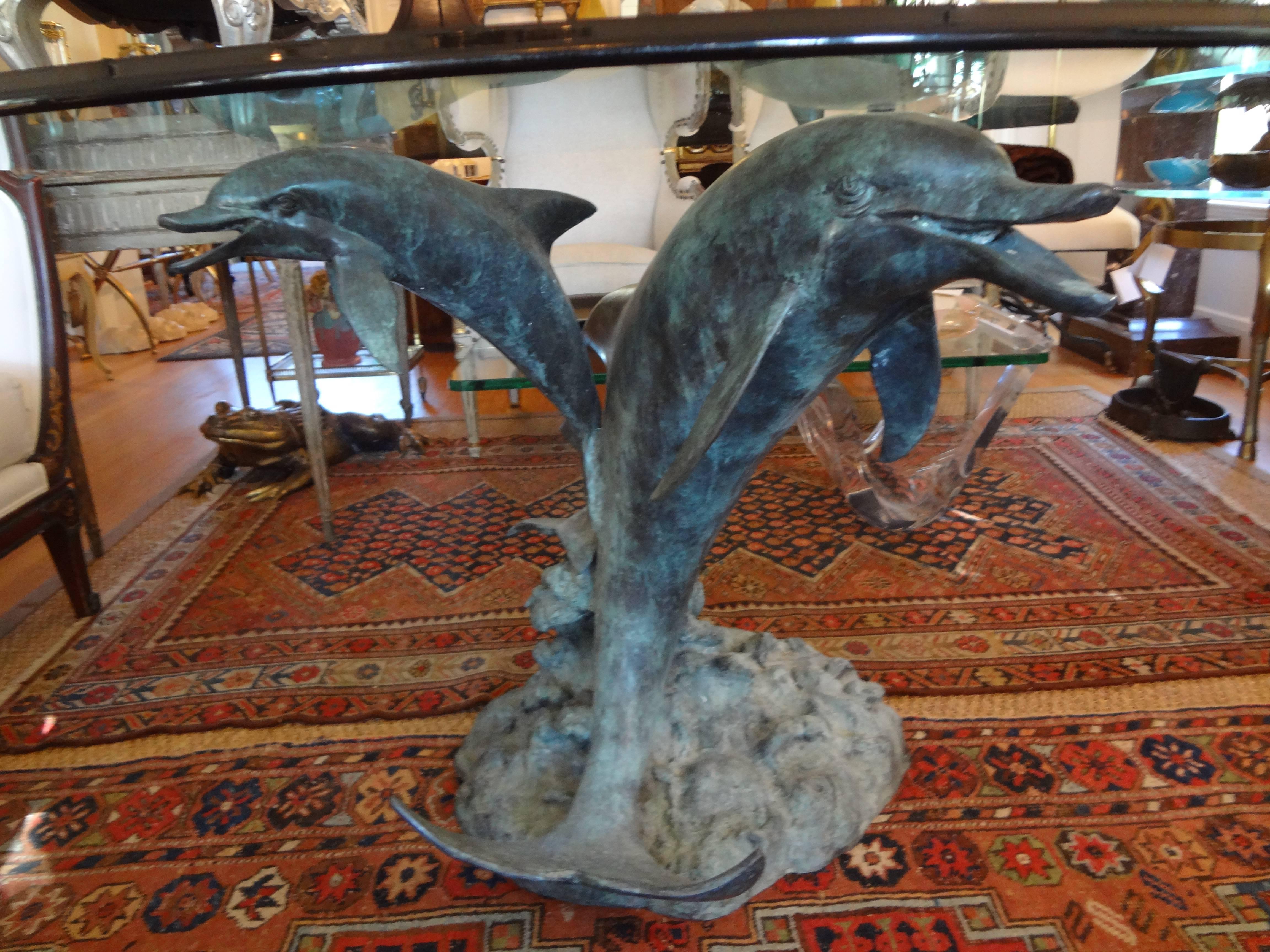 Patinated Bronze Triple Dolphin Center Table With Glass Top 1