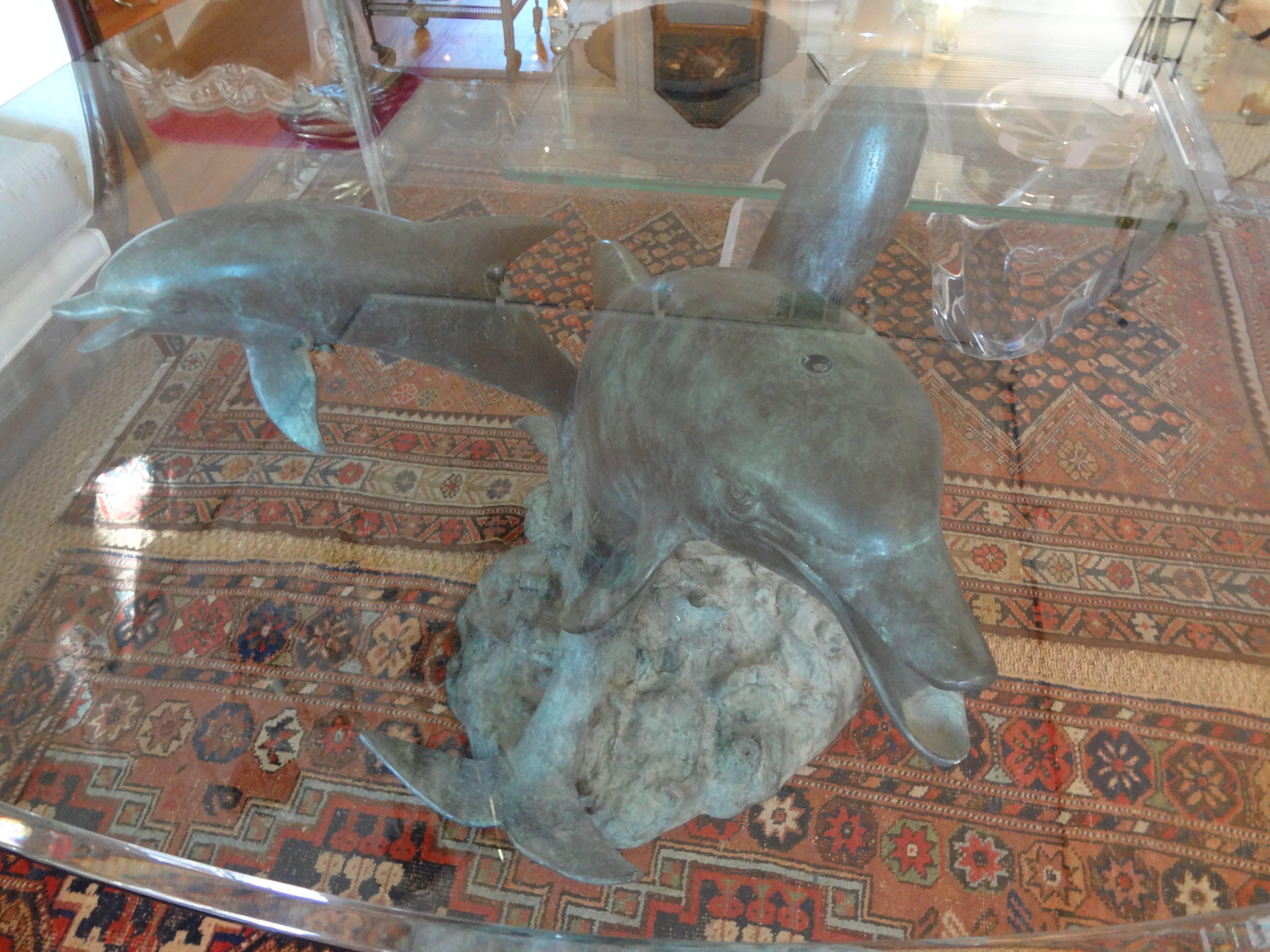 Patinated Bronze Triple Dolphin Center Table With Glass Top 2