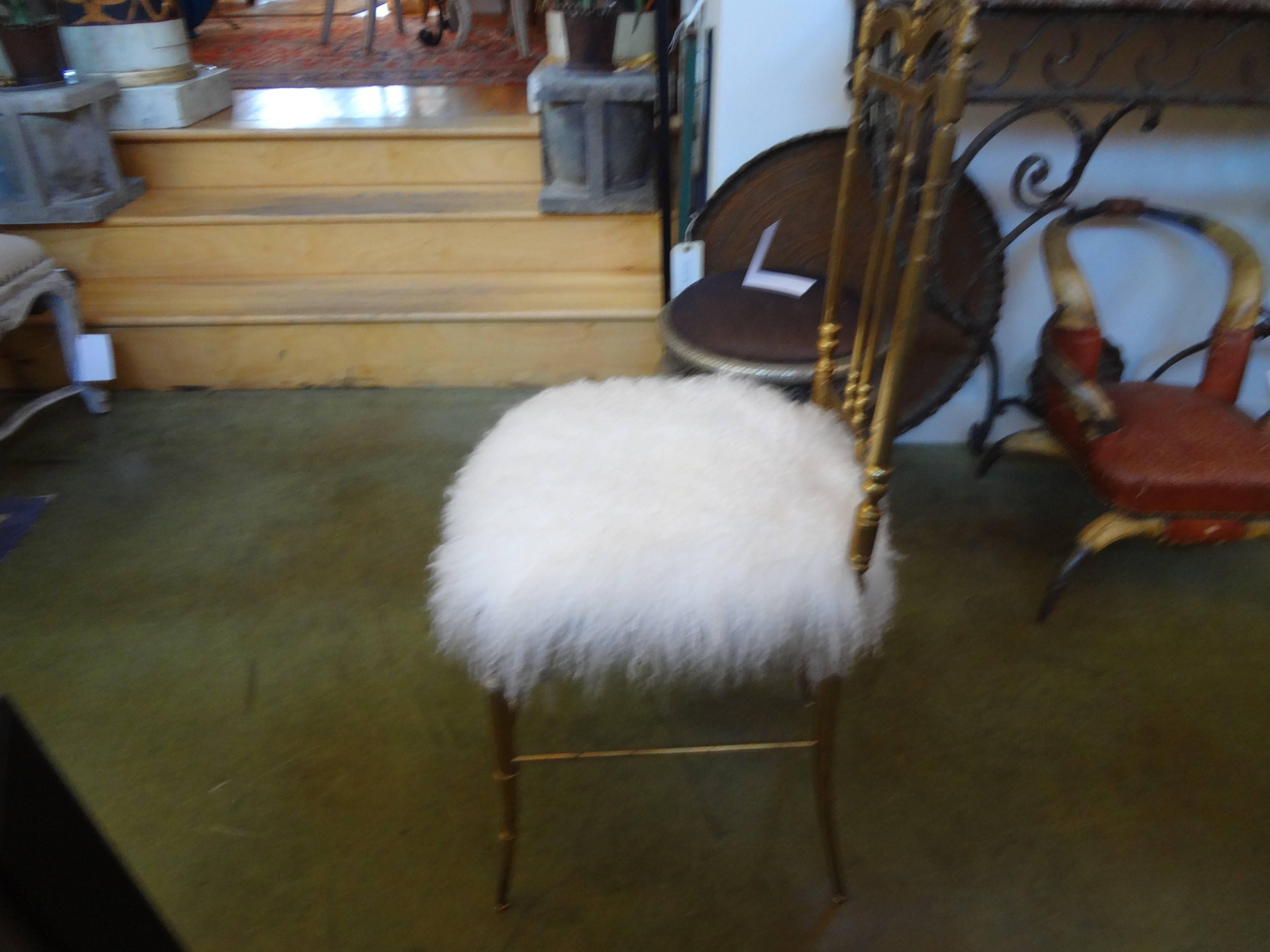 Hollywood Regency Italian Mid-Century Brass Chiavari Chair Upholstered in Lambs Wool