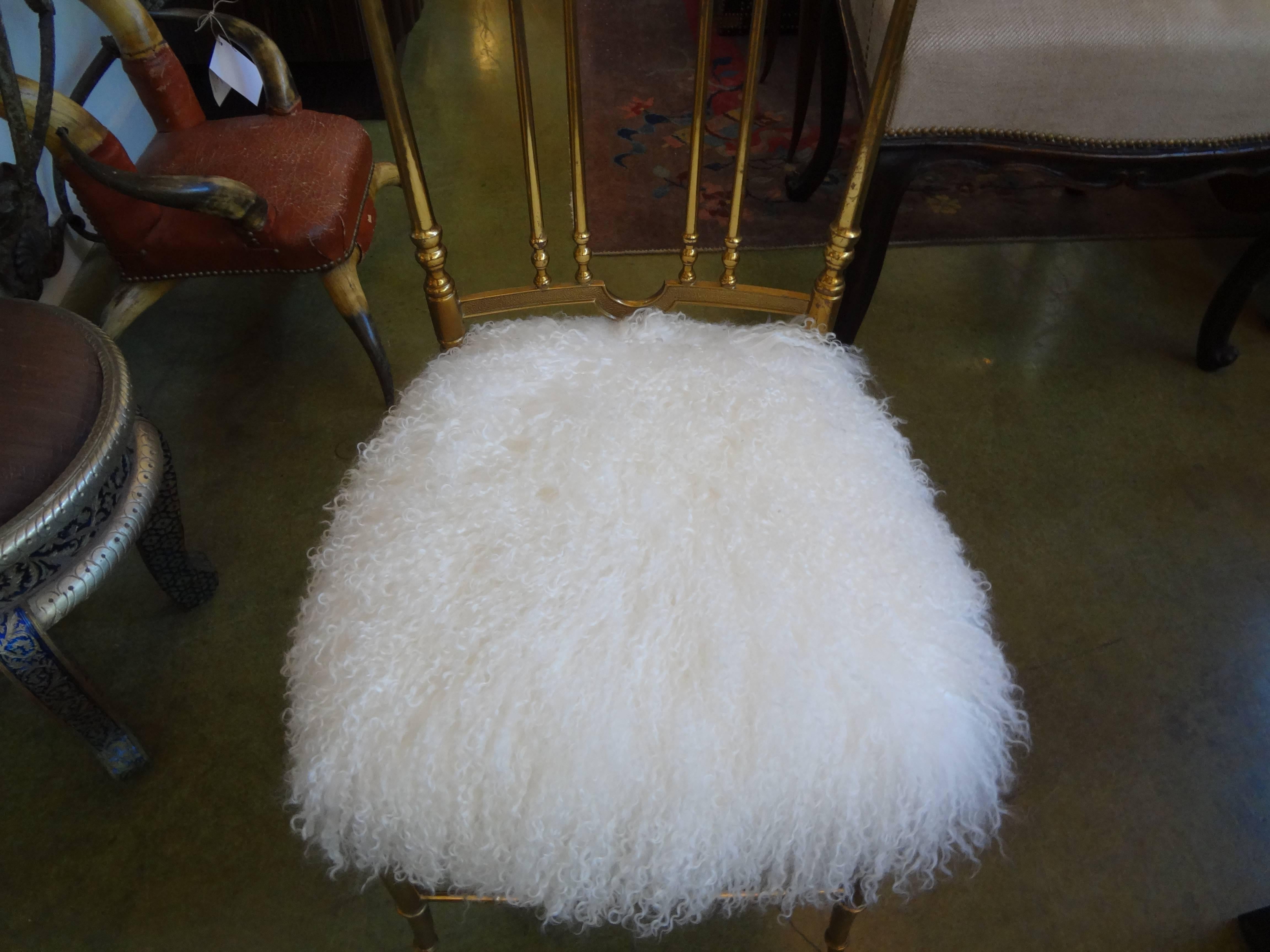 Italian Mid-Century Brass Chiavari Chair Upholstered in Lambs Wool 1
