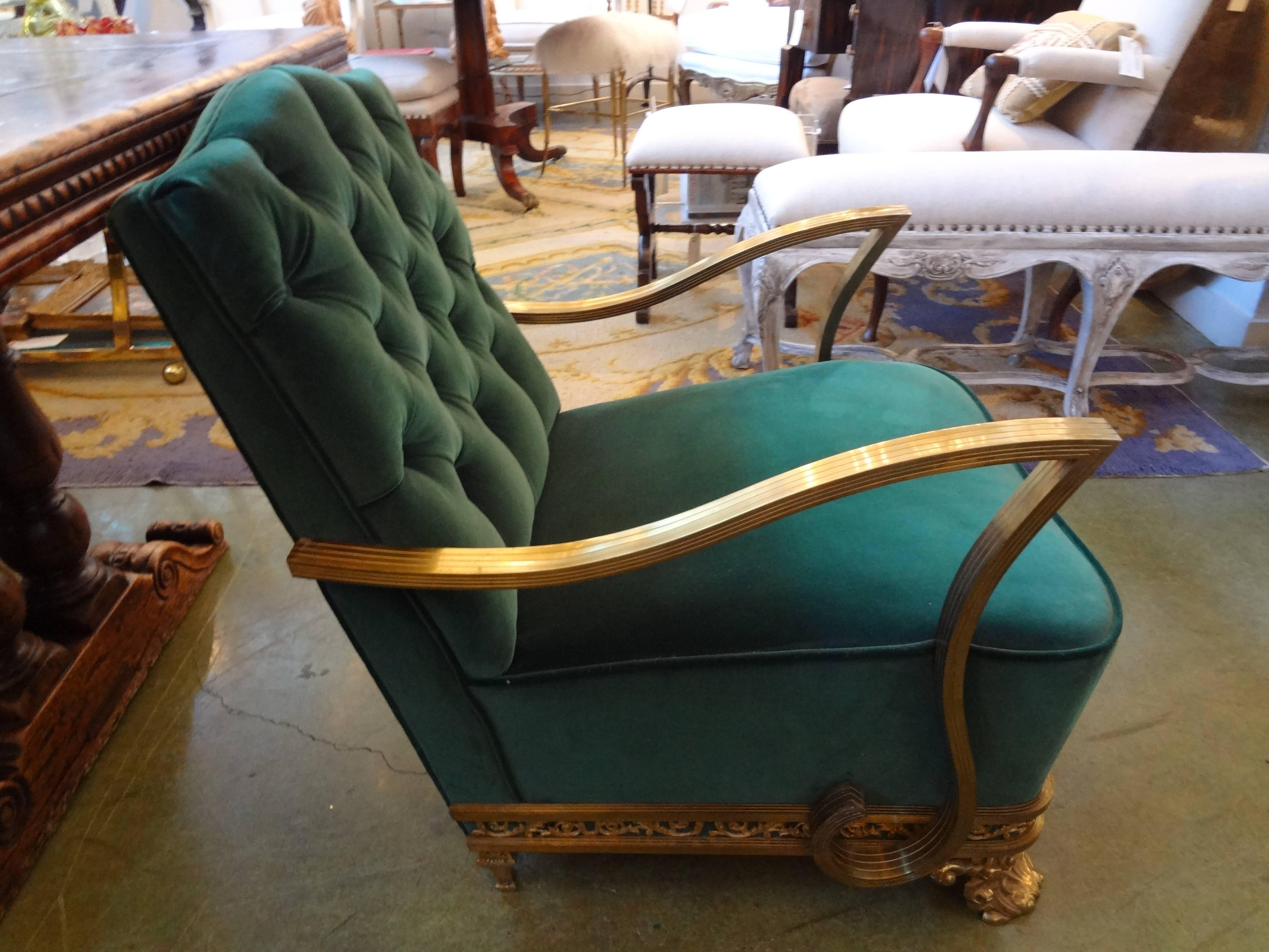 Unusual period French Art Deco brass armchair or lounge chair, circa 1925. This heavy brass chair was used in a private railroad car or coach.
Needs new upholstery. Beautifully detailed.
  