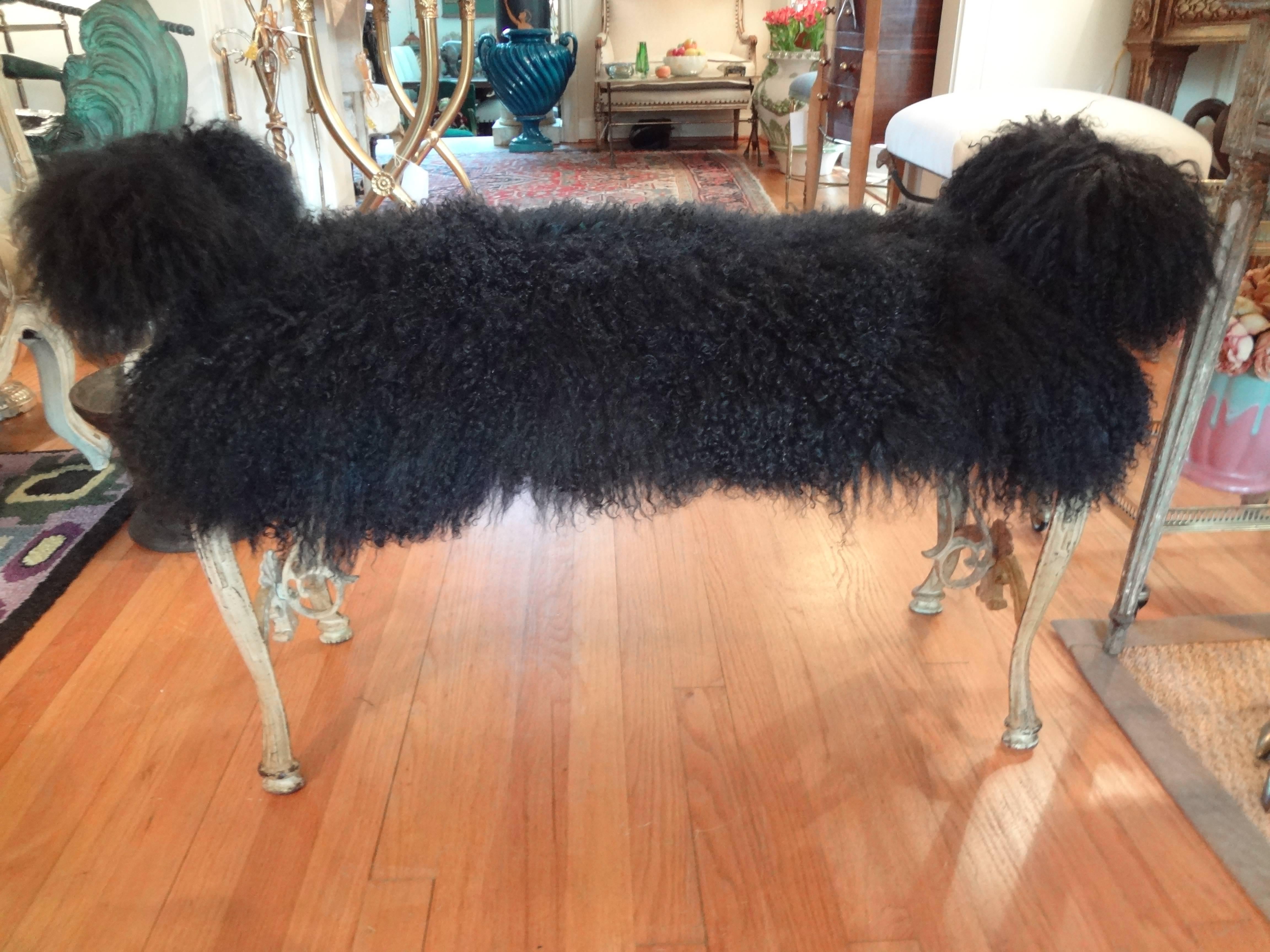 Hollywood Regency Iron Bench Upholstered in Mongolian Lambs Wool