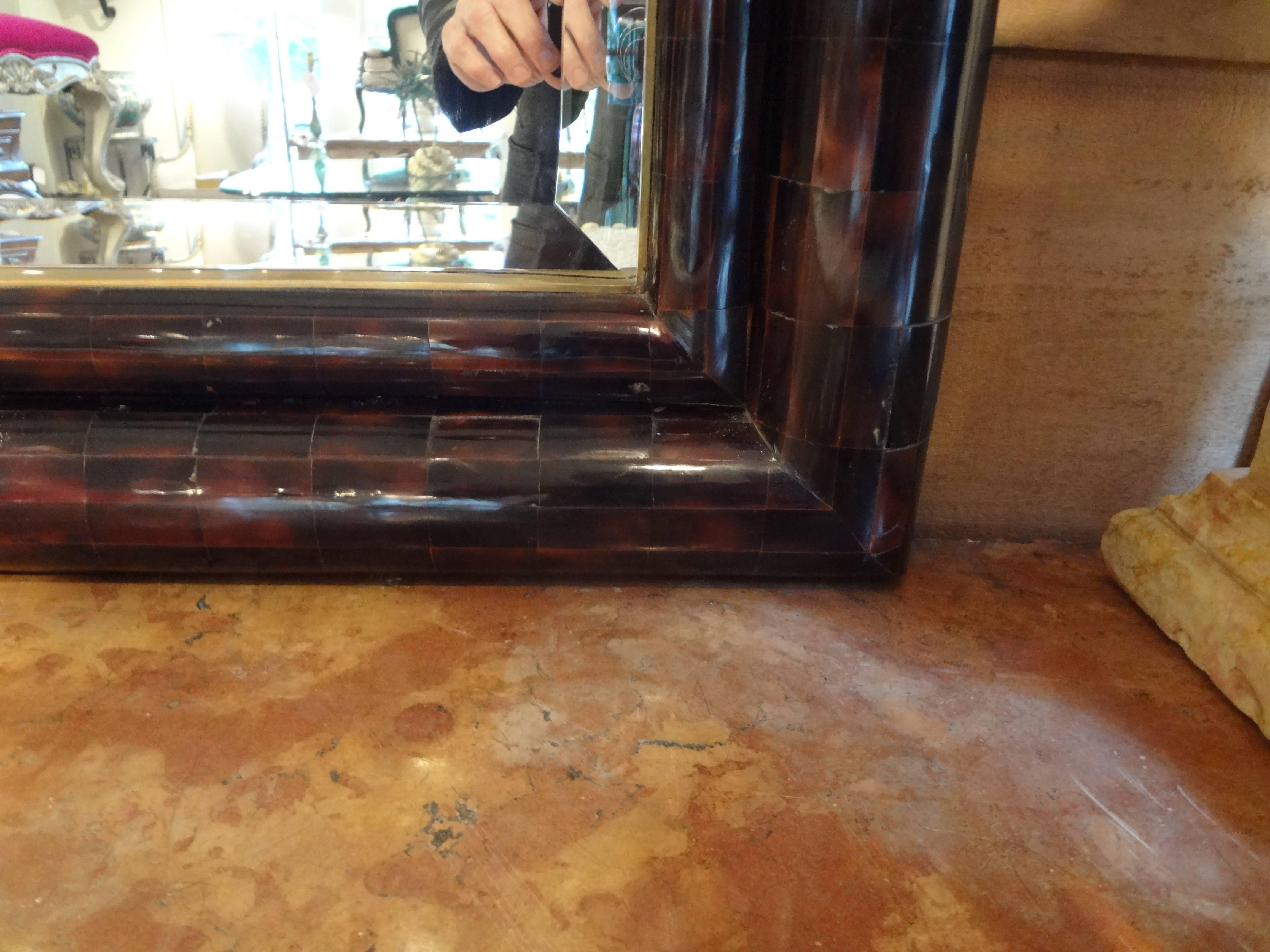 Karl Springer Inspired Tessellated Horn and Brass Mirror In Excellent Condition In Houston, TX