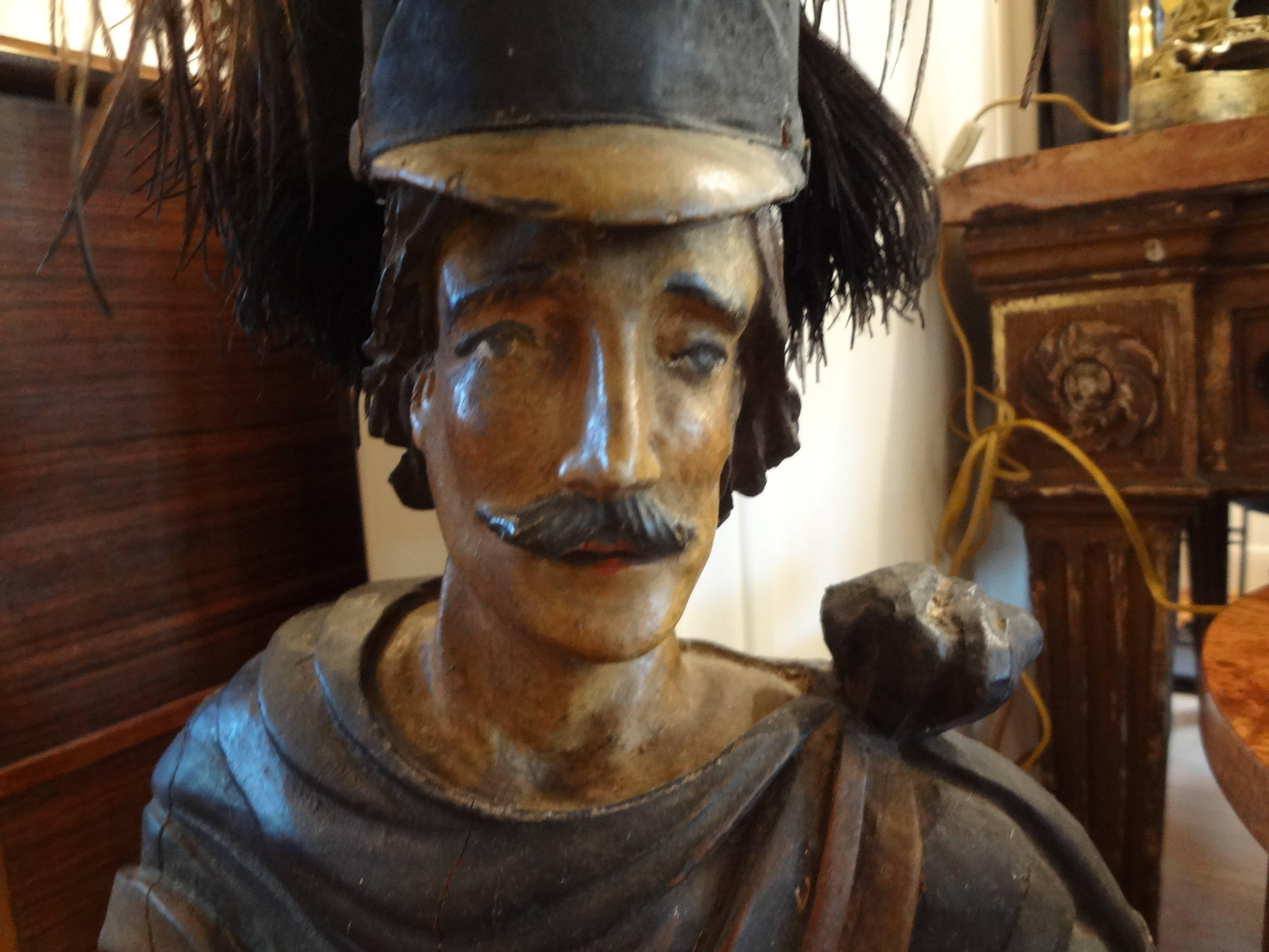 18th century Spanish Conquistador carved wood figure.
18th century Carved and painted wood Spanish Conquistador figure or sculpture. This beautifully carved antique Spanish figural sculpture measures: 35 inches in height.


