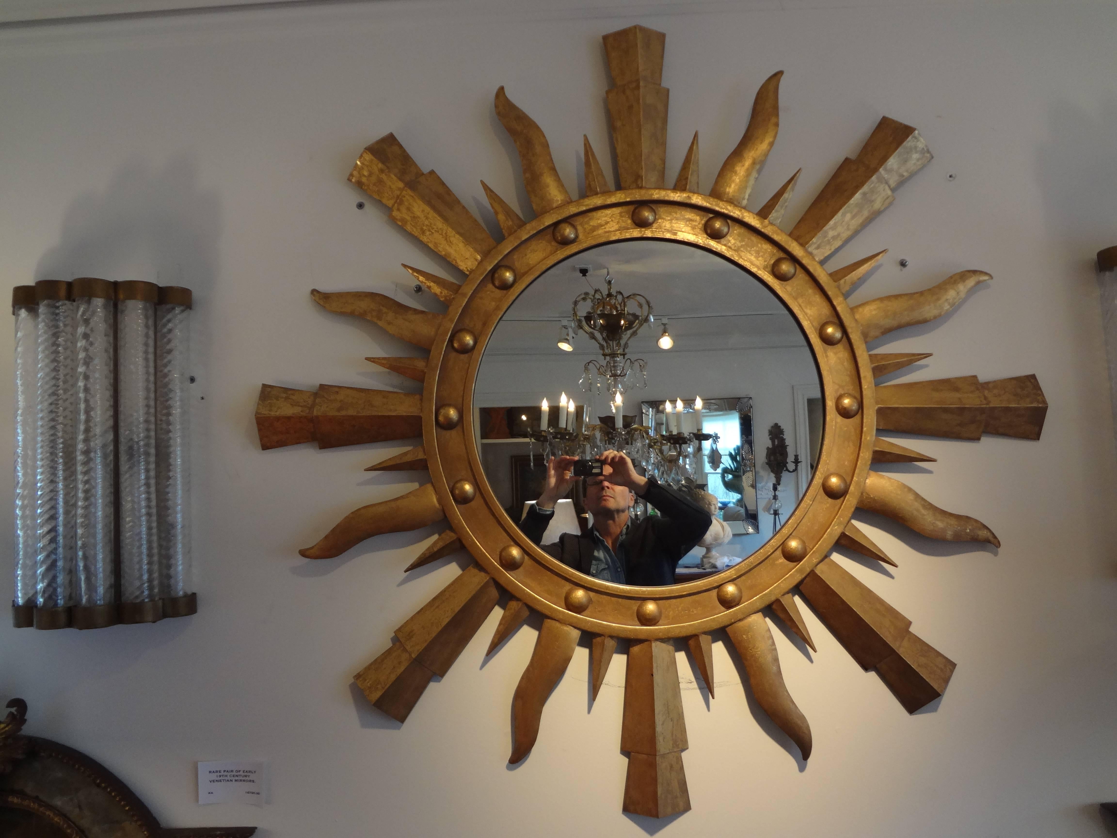 Large Midcentury Italian Gilt Iron Sunburst Mirror, Gilbert Poillerat Style 2