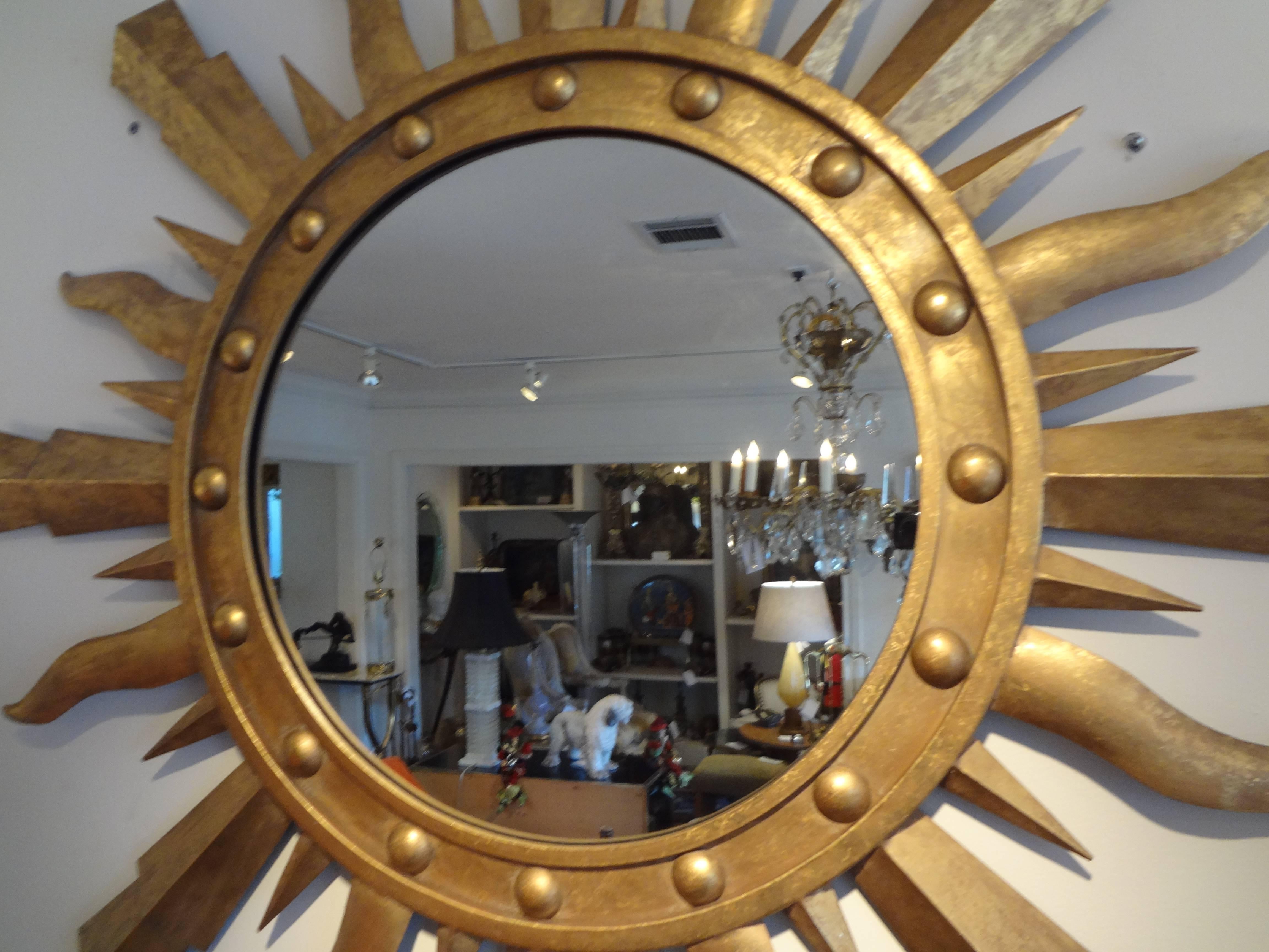 Hollywood Regency Large Midcentury Italian Gilt Iron Sunburst Mirror, Gilbert Poillerat Style