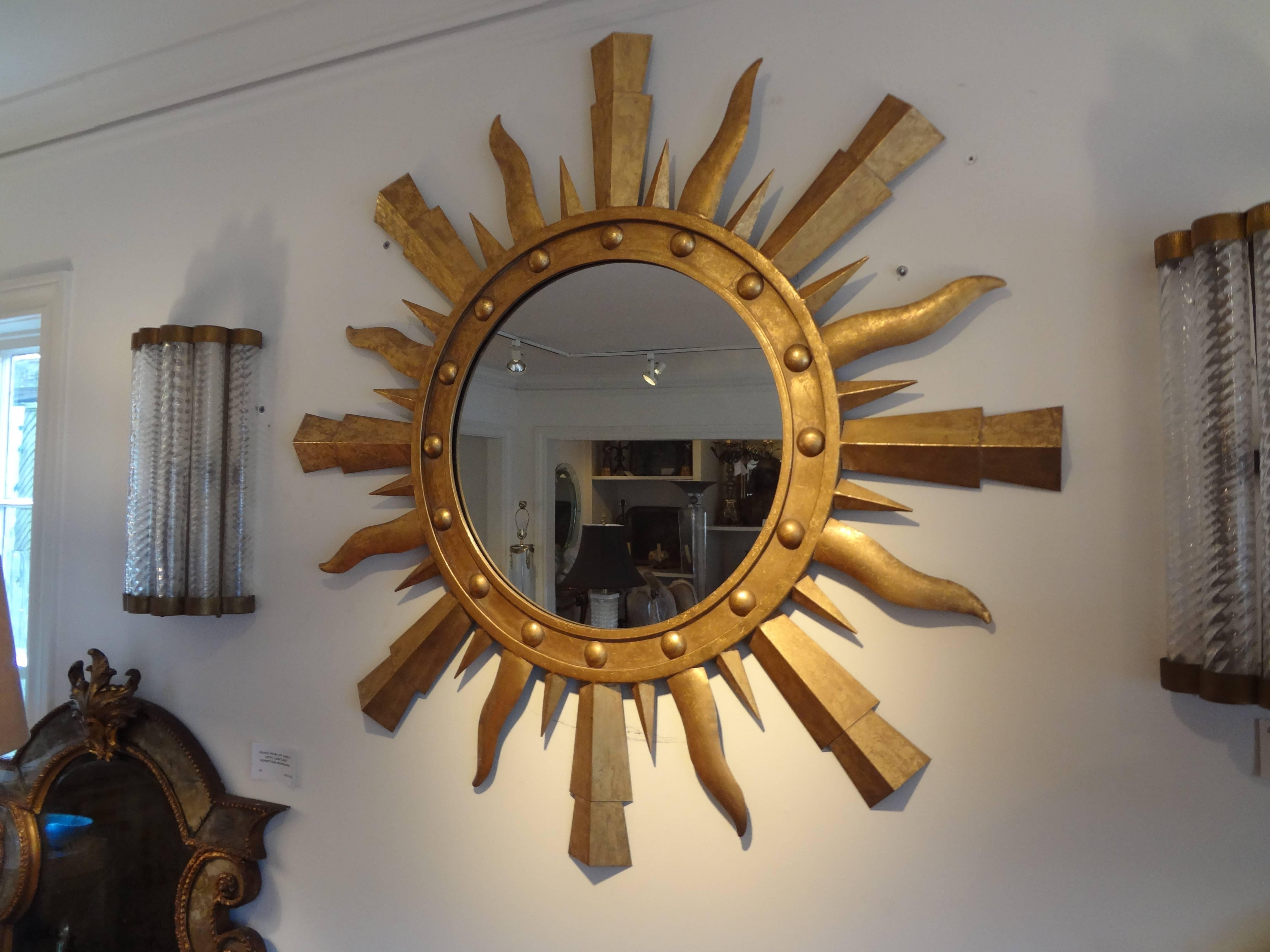 Large Midcentury Italian Gilt Iron Sunburst Mirror, Gilbert Poillerat Style In Good Condition In Houston, TX