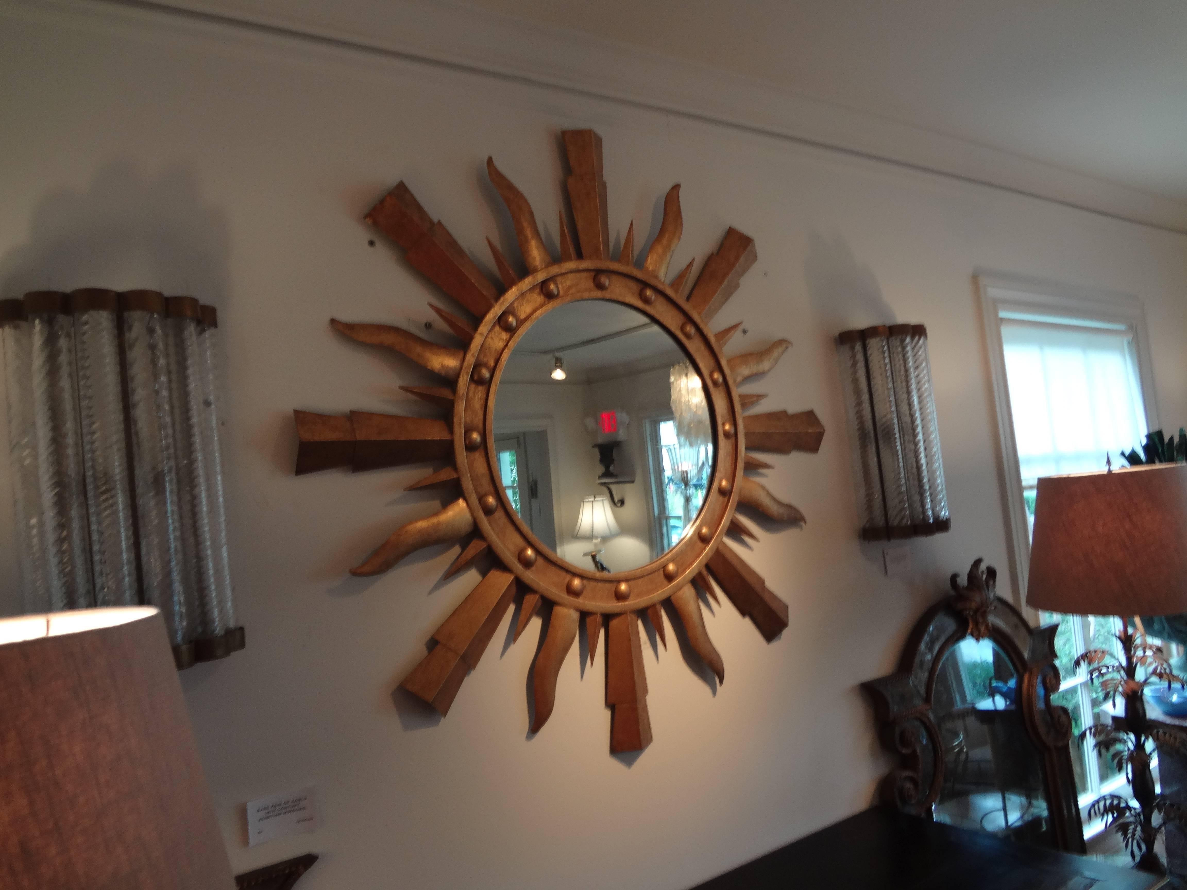Large Midcentury Italian Gilt Iron Sunburst Mirror, Gilbert Poillerat Style 1