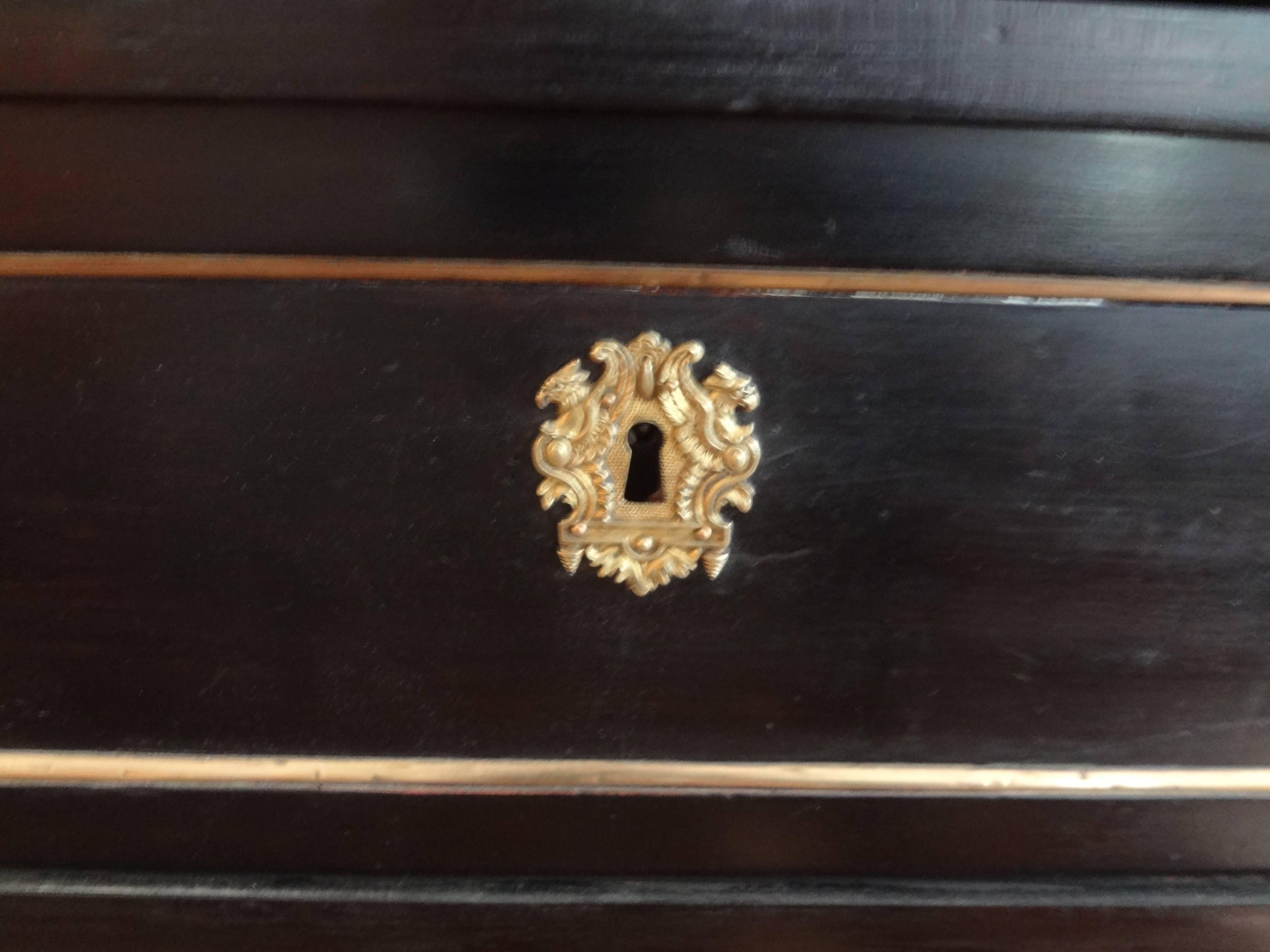 18th Century French Louis XVI Ebonized Commode With Bronze Detail And Marble Top In Good Condition In Houston, TX