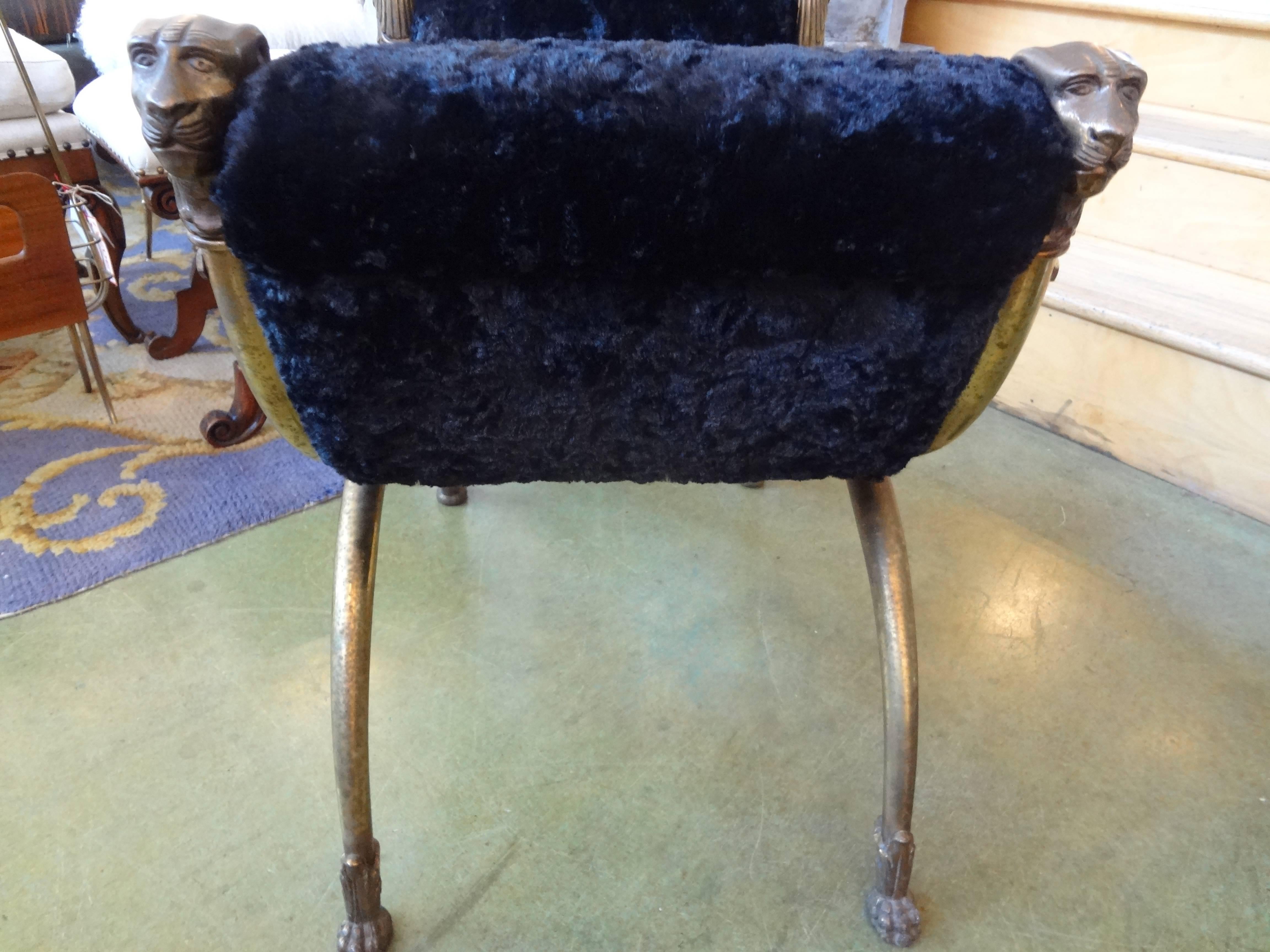 Rare Stunning Antique French curule bronze bench, 1920's Retour d'Egypte newly upholstered in black faux rabbit pelt.

Please click KIRBY ANTIQUES logo below to view additional pieces from our vast inventory.
