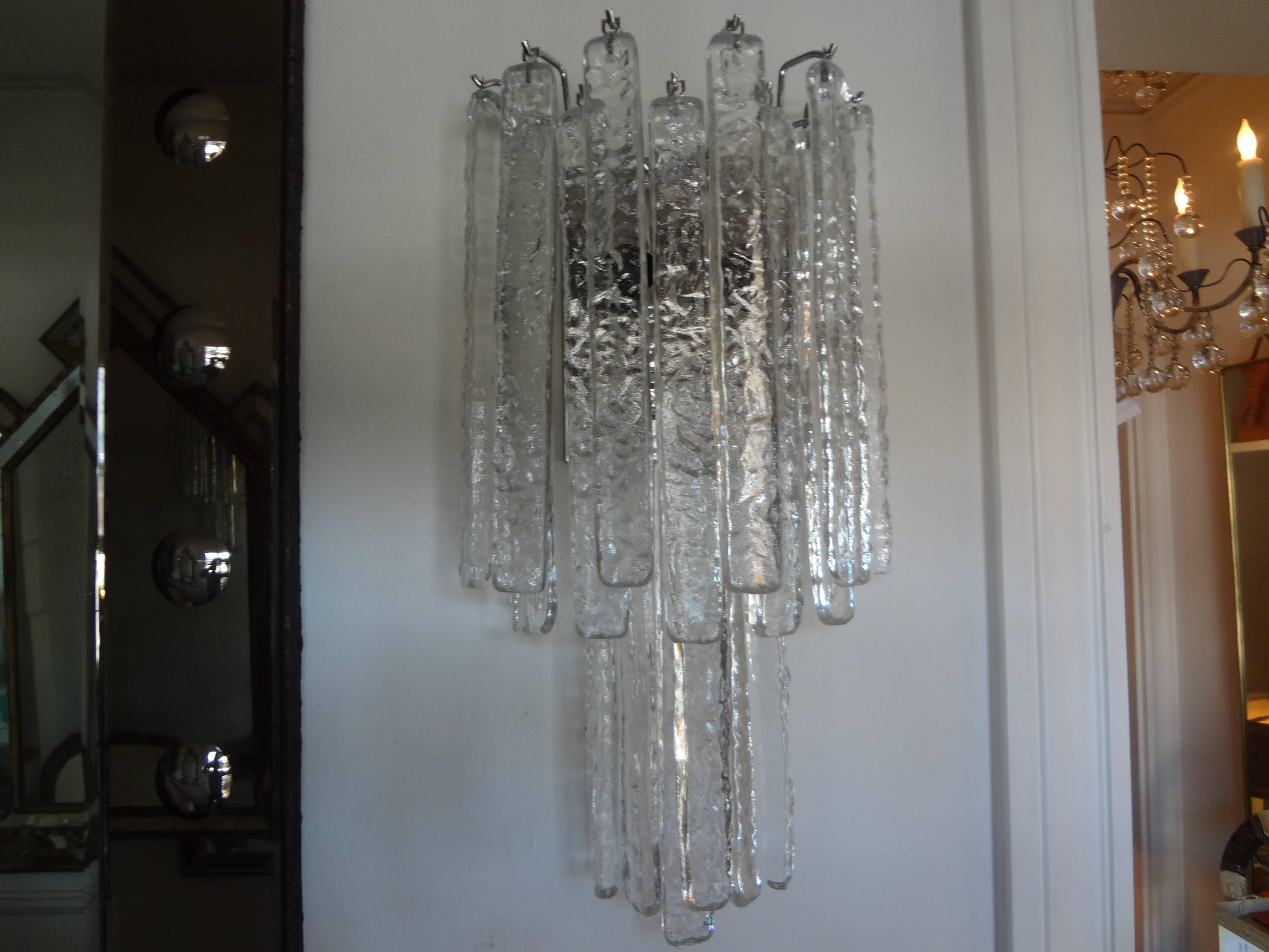 Italian Pair of Venini Style Murano Glass Icicle Sconces