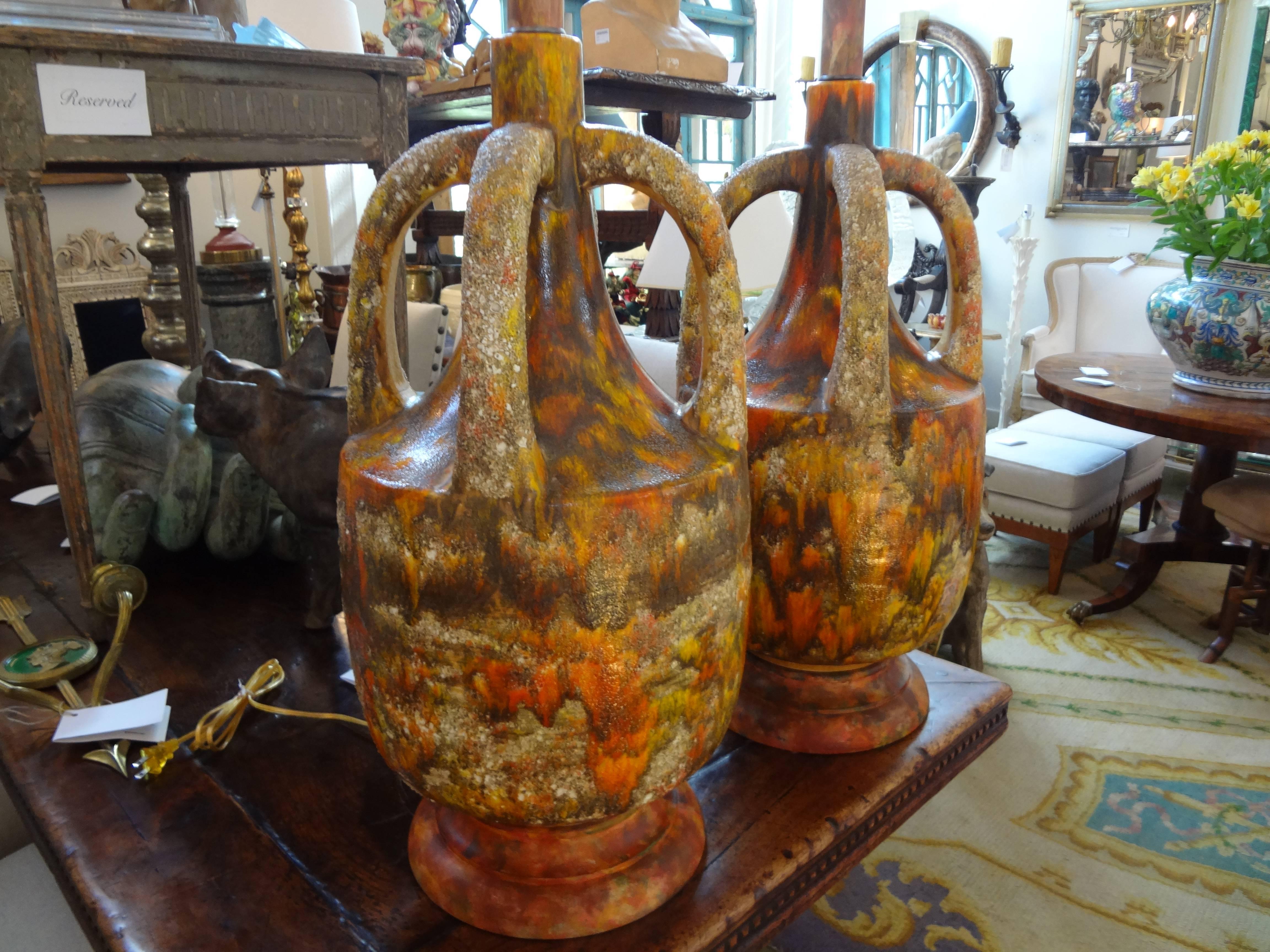 Hollywood Regency Large Pair Of Italian Glazed Pottery Lava Lamps With Handles 31