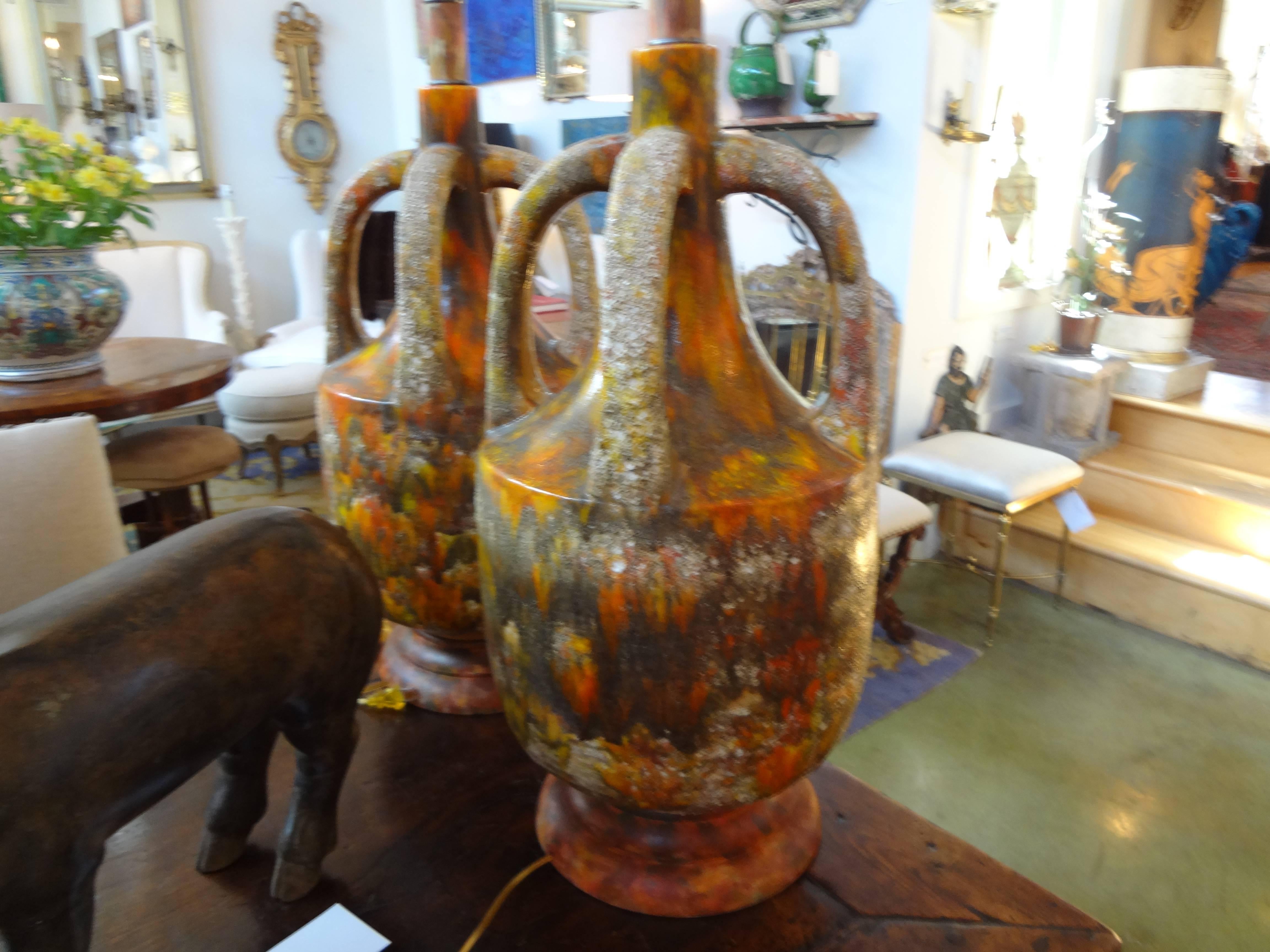 Large Pair Of Italian Glazed Pottery Lava Lamps With Handles 31