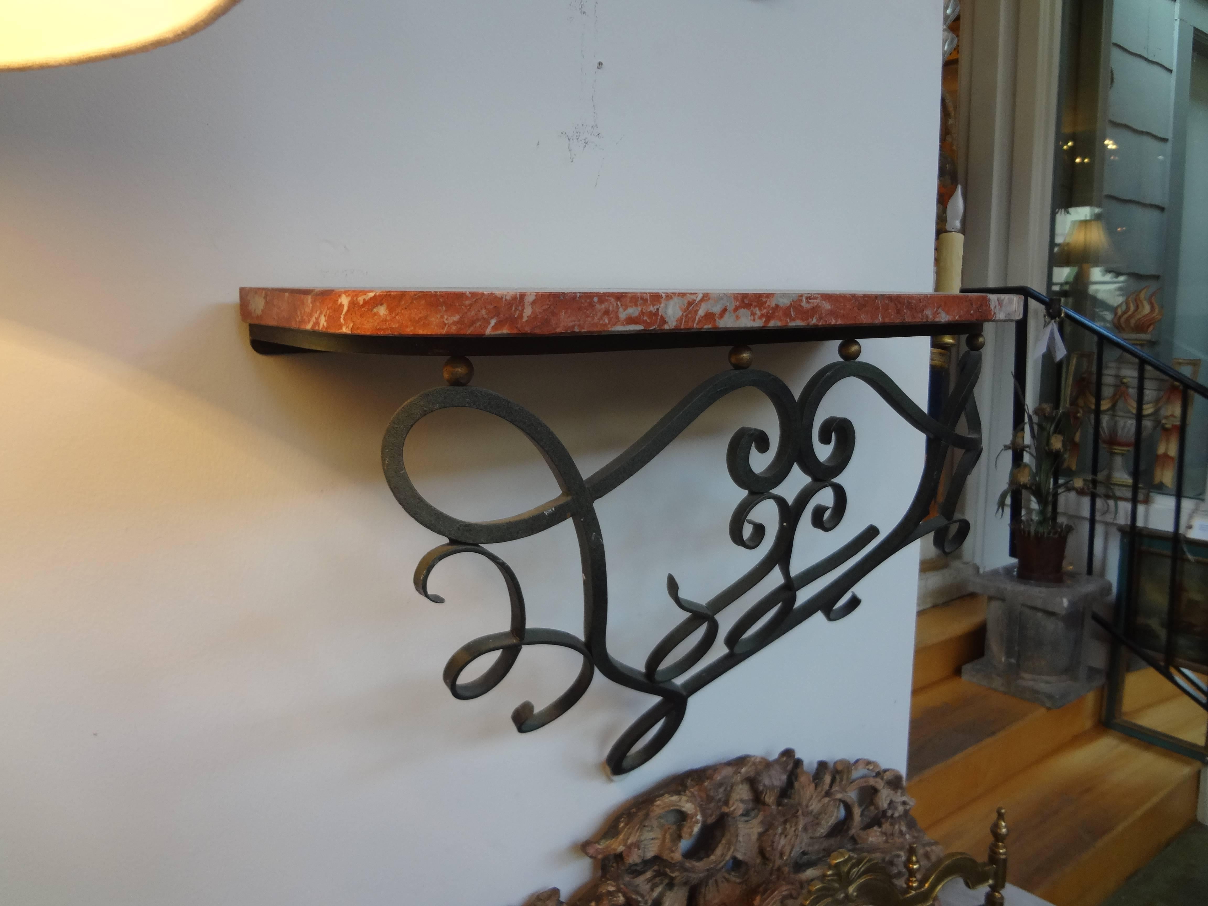 Raymond Subes Style French Art Deco Wrought Iron Wall Consoles-Near Pair In Good Condition In Houston, TX