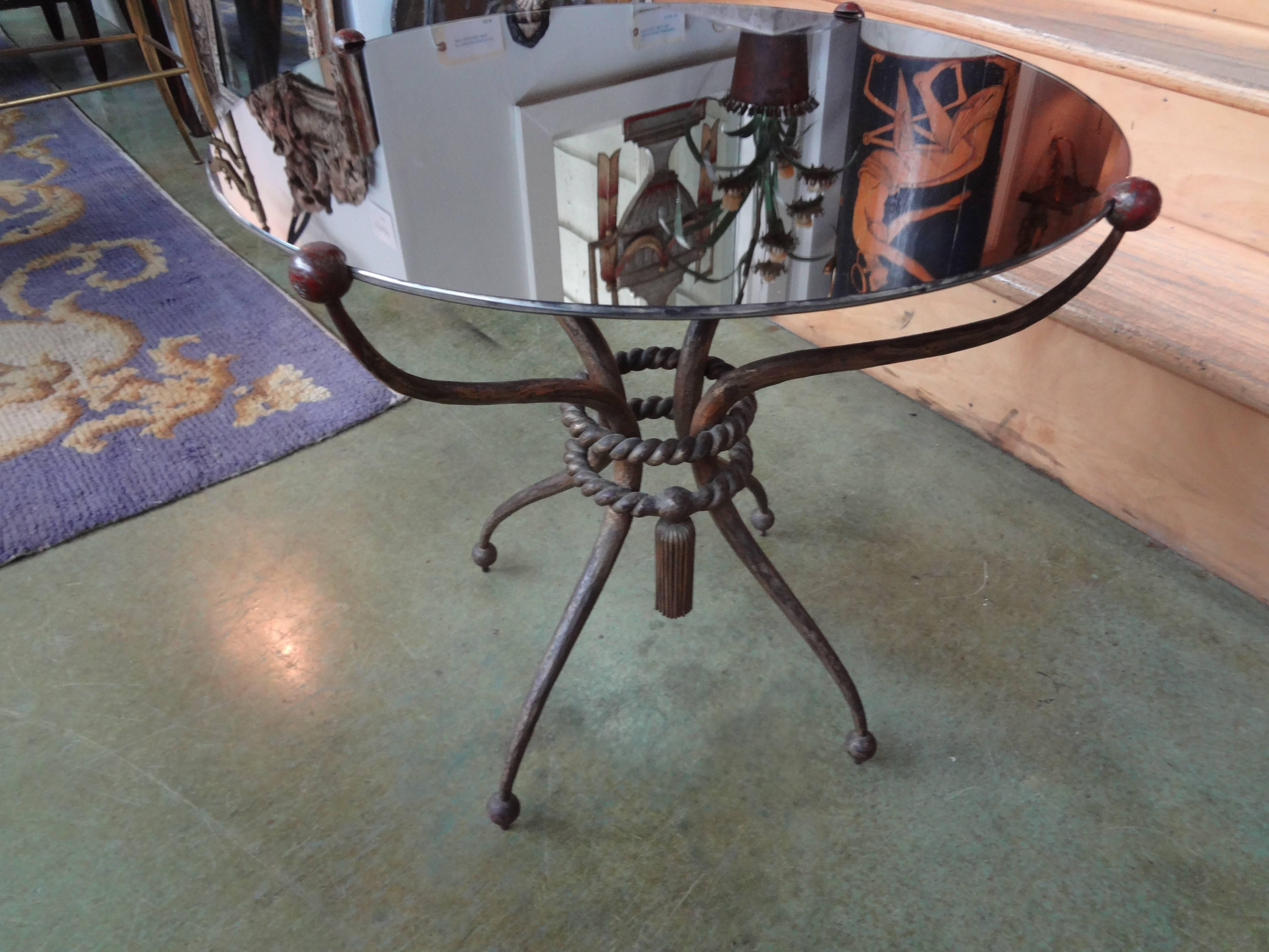 French Wrought Iron Gueridon With Mirrored Top By Robert Merceris 1