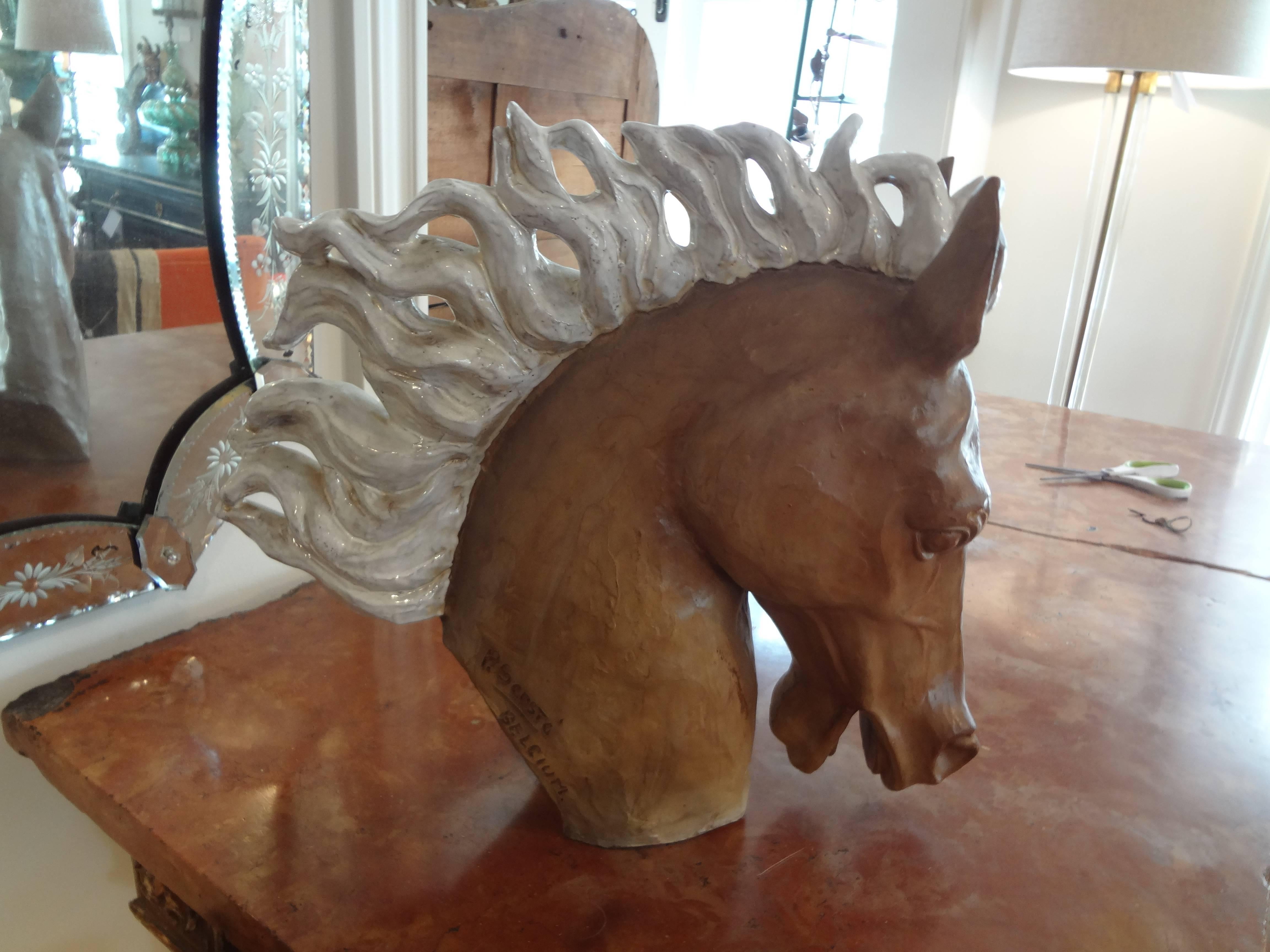 Glazed Terra Cotta Horse Head Sculpture In Good Condition In Houston, TX