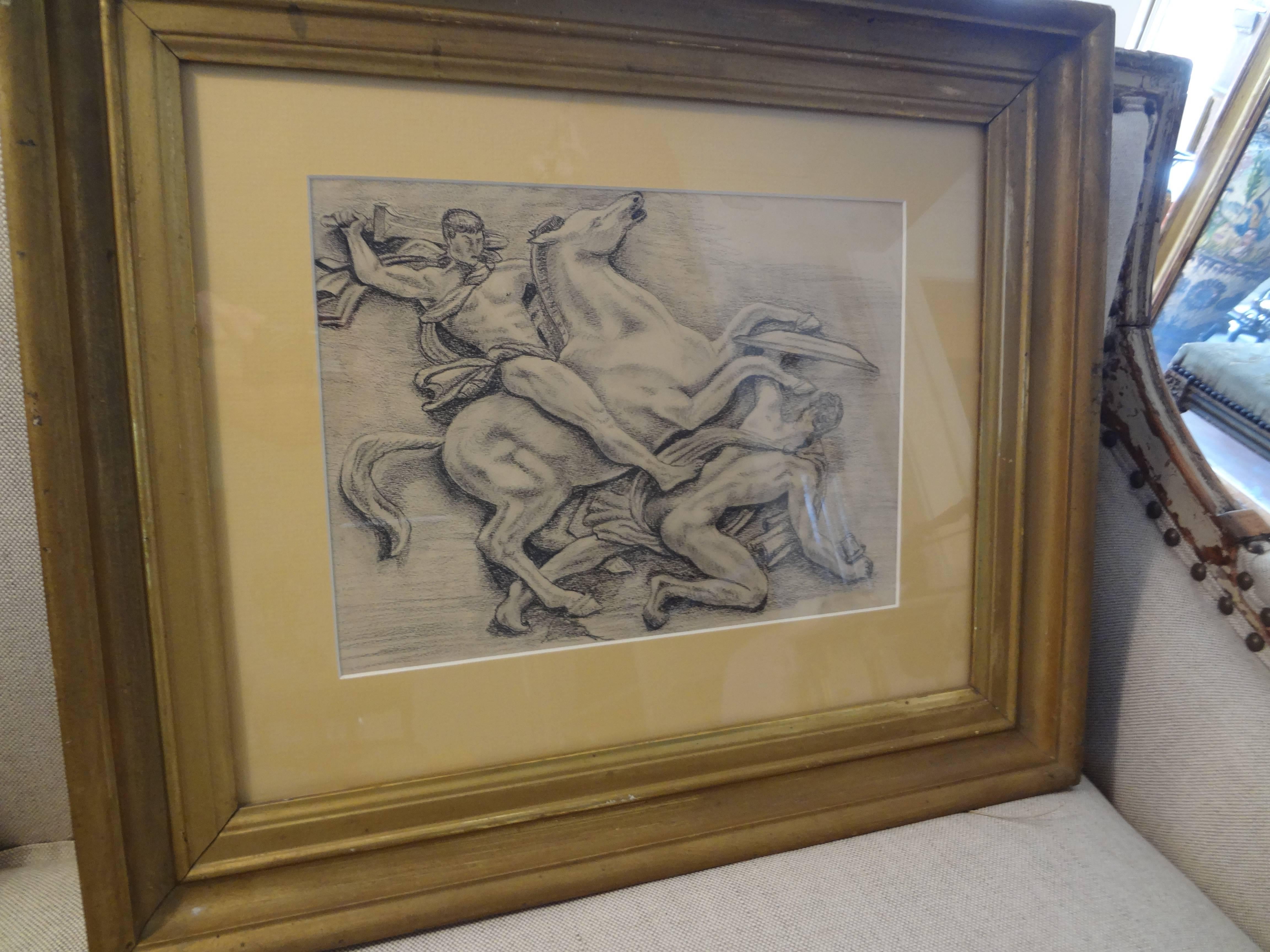 French Art Deco Black and White Framed Drawing In Good Condition For Sale In Houston, TX