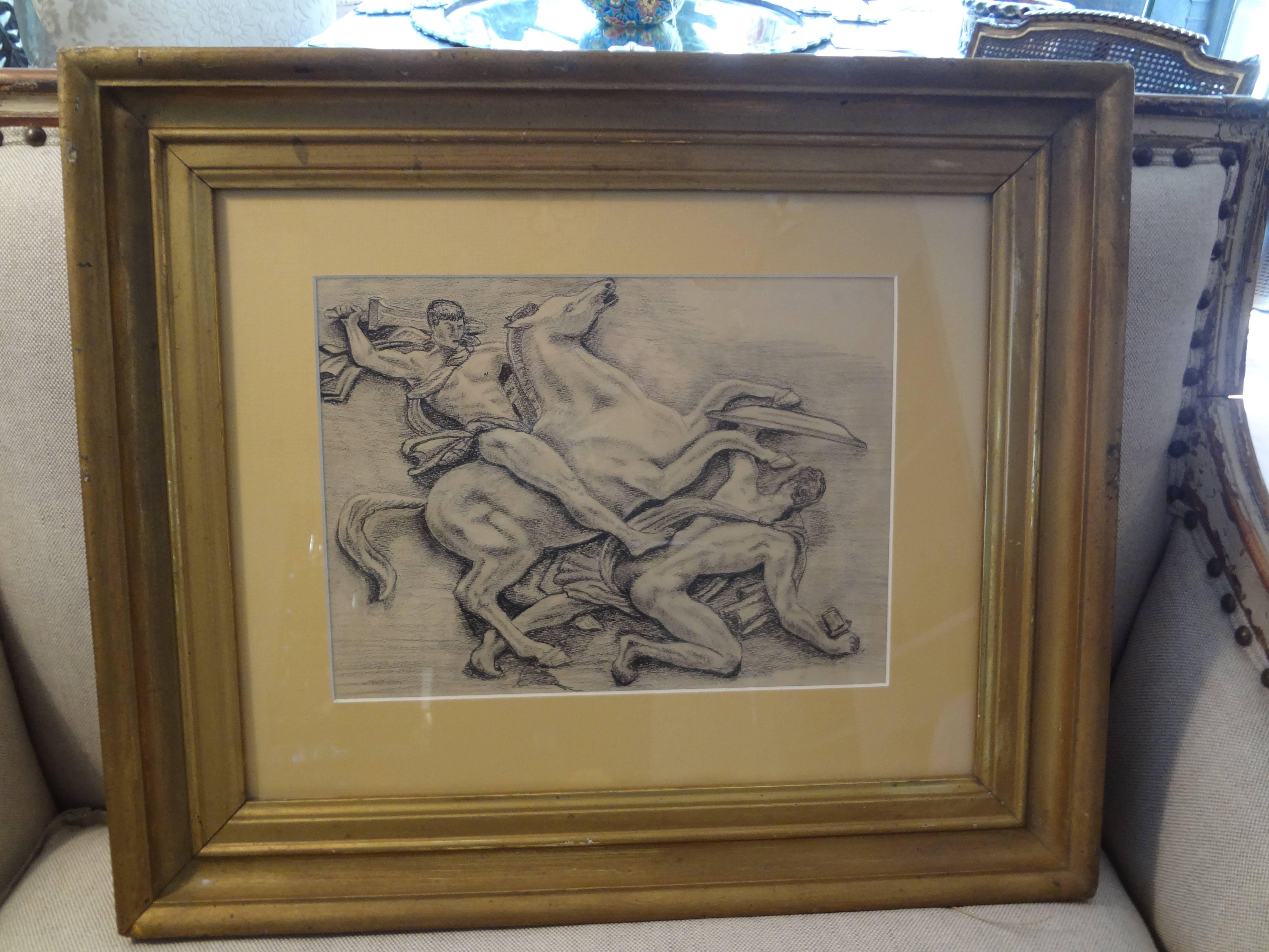 Paper French Art Deco Black and White Framed Drawing For Sale