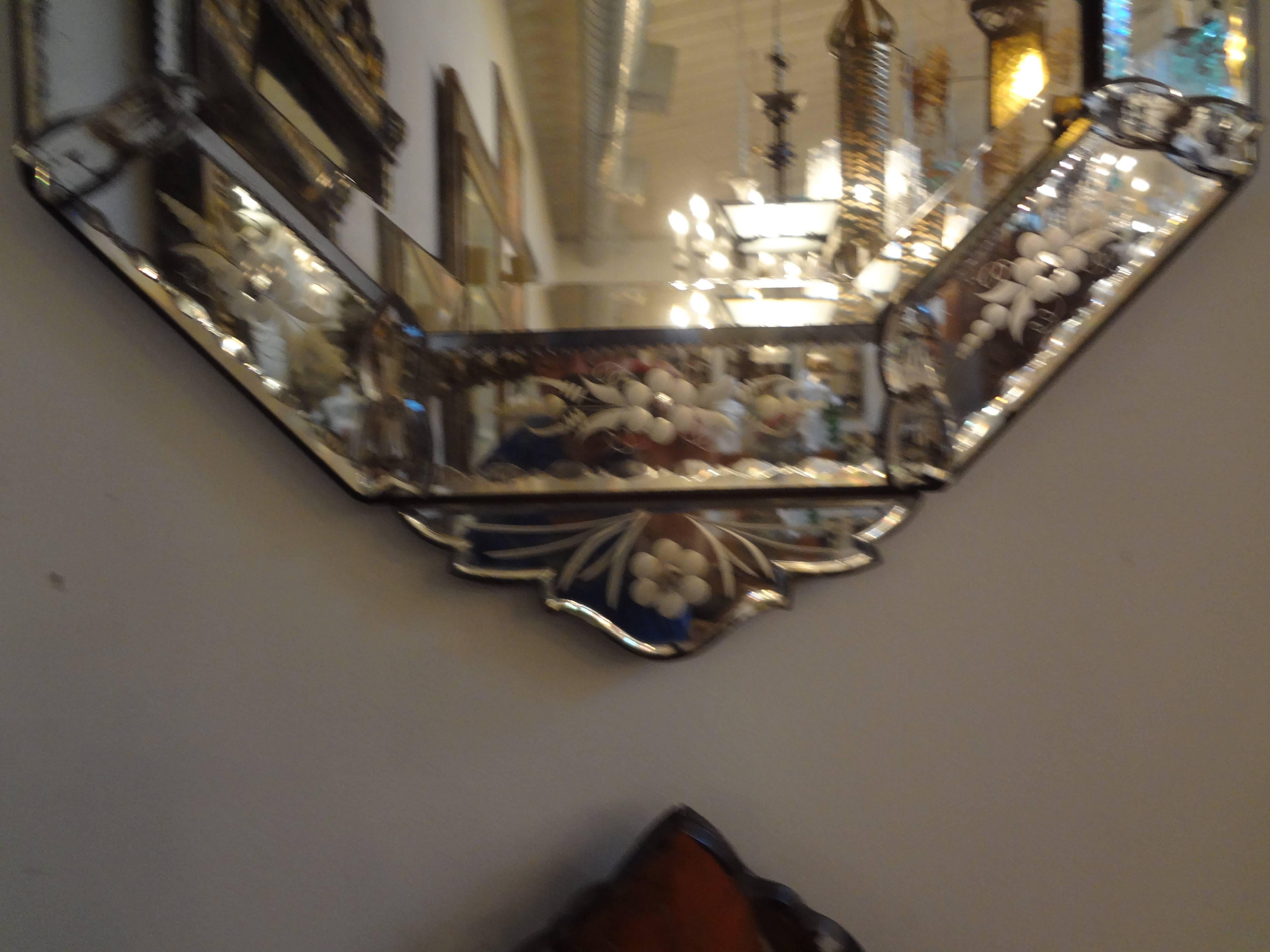 Baroque Venetian Glass Etched and Beveled Octagonal Mirror