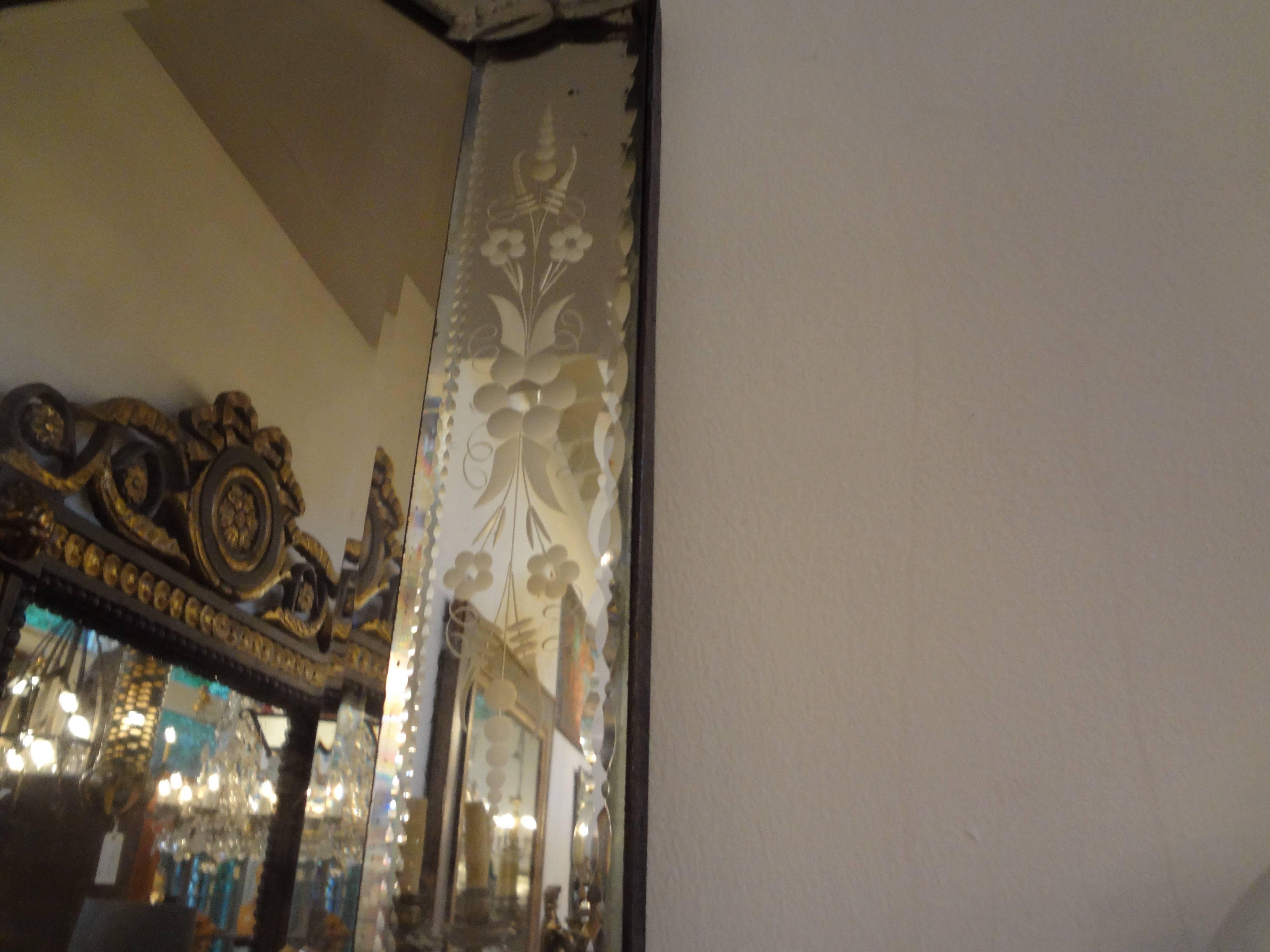 Italian Venetian Glass Etched and Beveled Octagonal Mirror