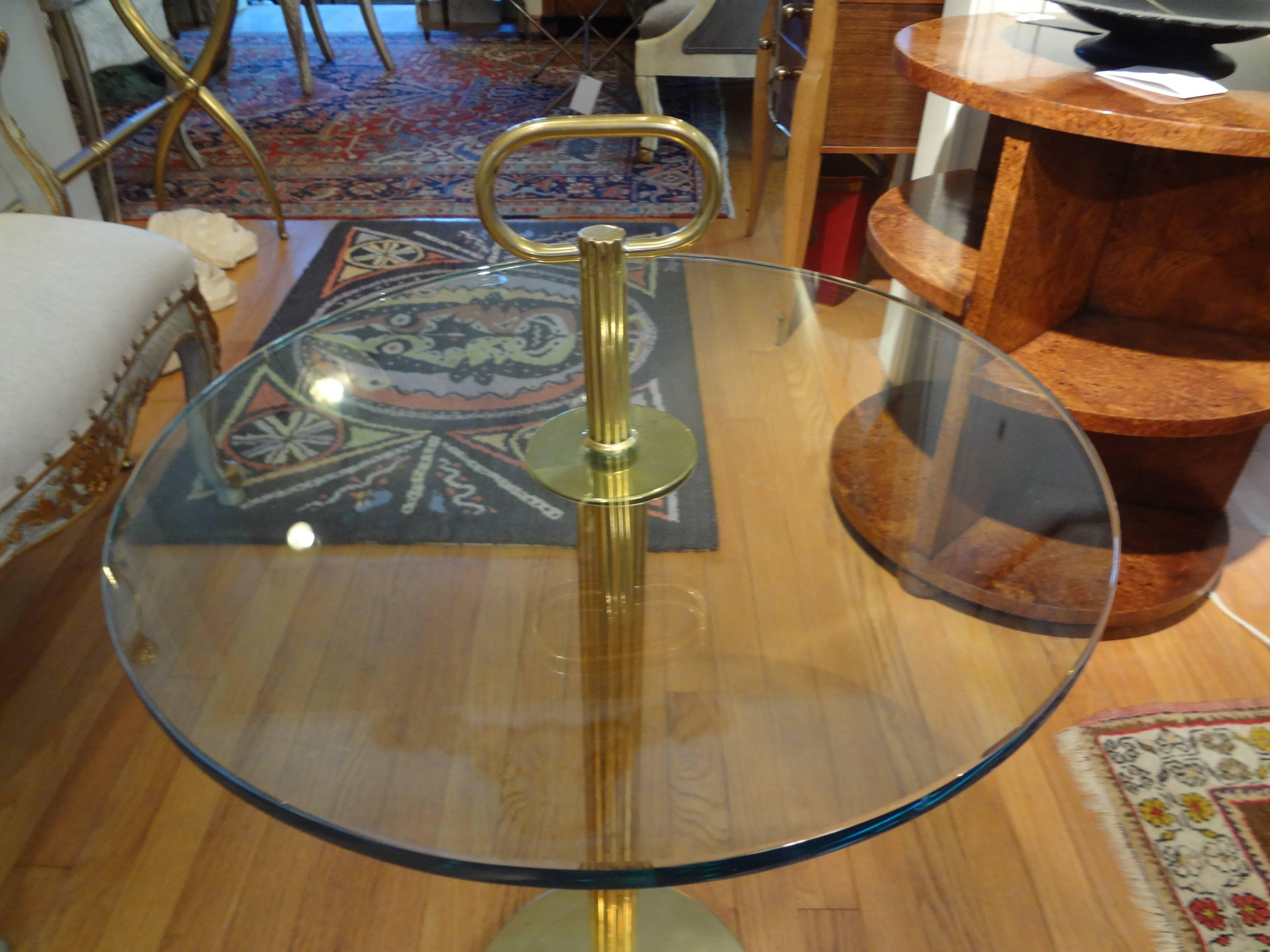 Mid-Century Modern Pair of Gio Ponti Inspired Italian Modern Bronze and Glass Side Tables