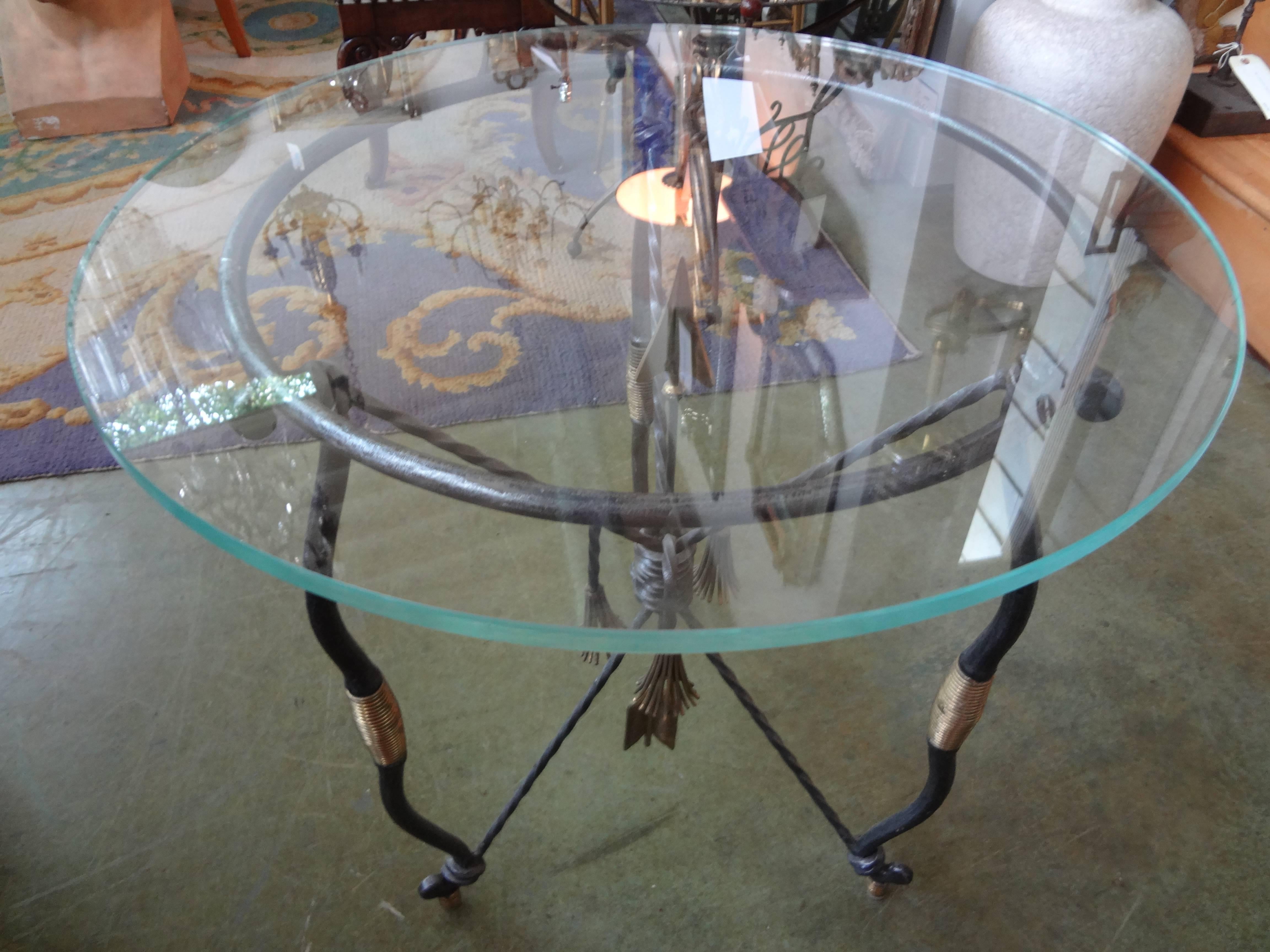 Late 20th Century Italian Giacometti Inspired Iron and Brass Table with Glass Top