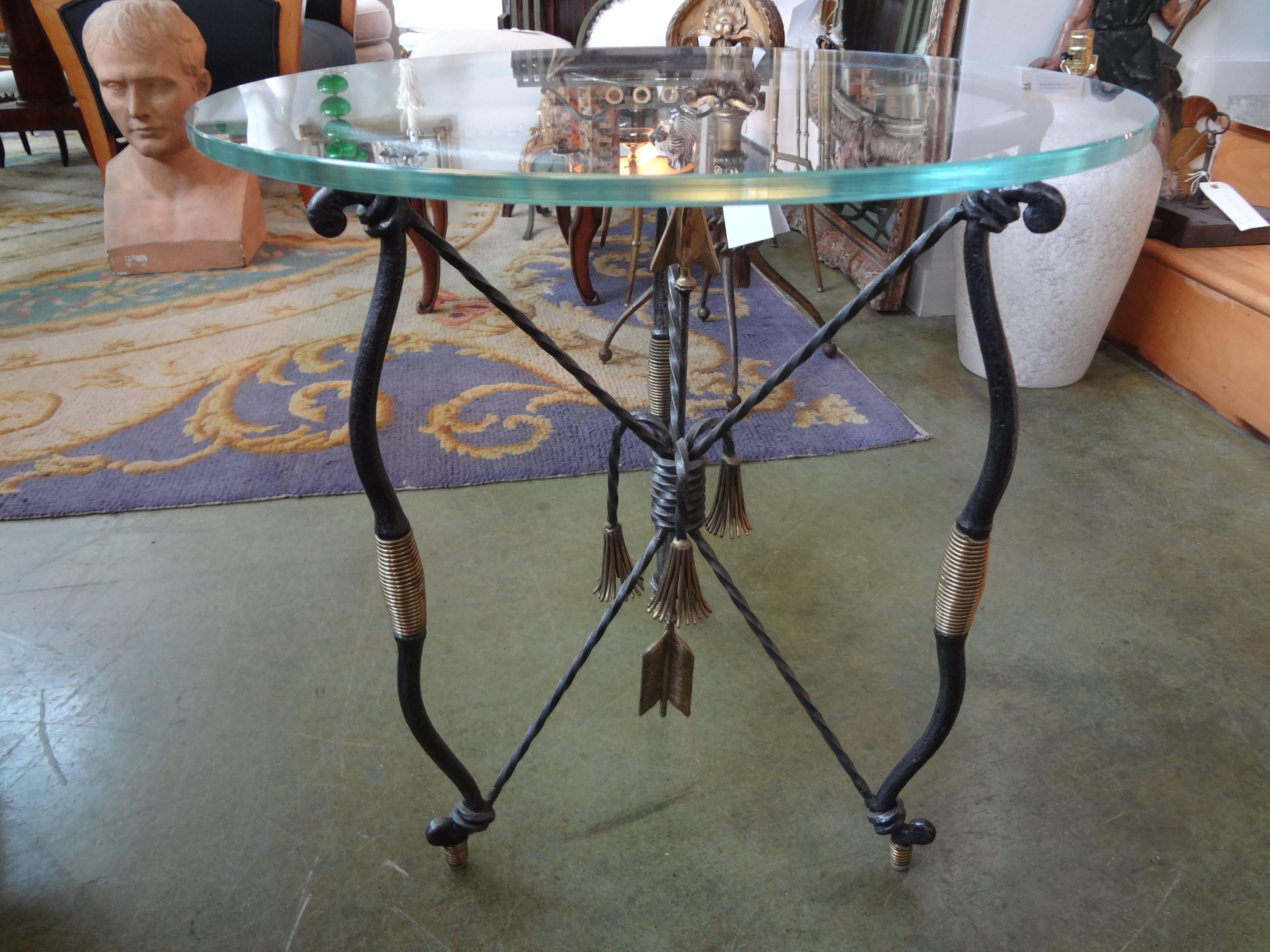 Italian Giacometti Inspired Iron and Brass Table with Glass Top 2