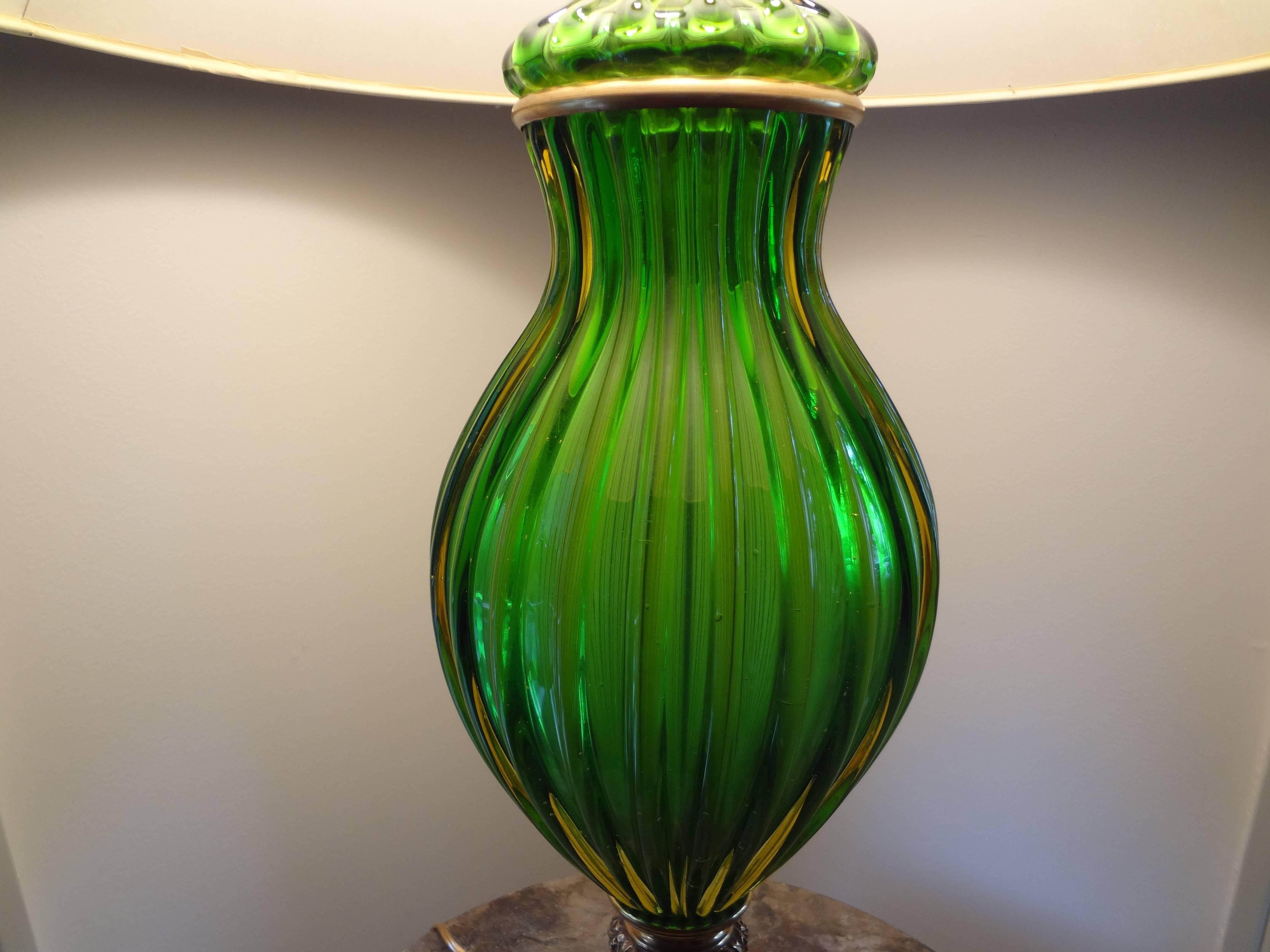 Hollywood Regency Mid-Century Italian Green Murano Glass Lamp