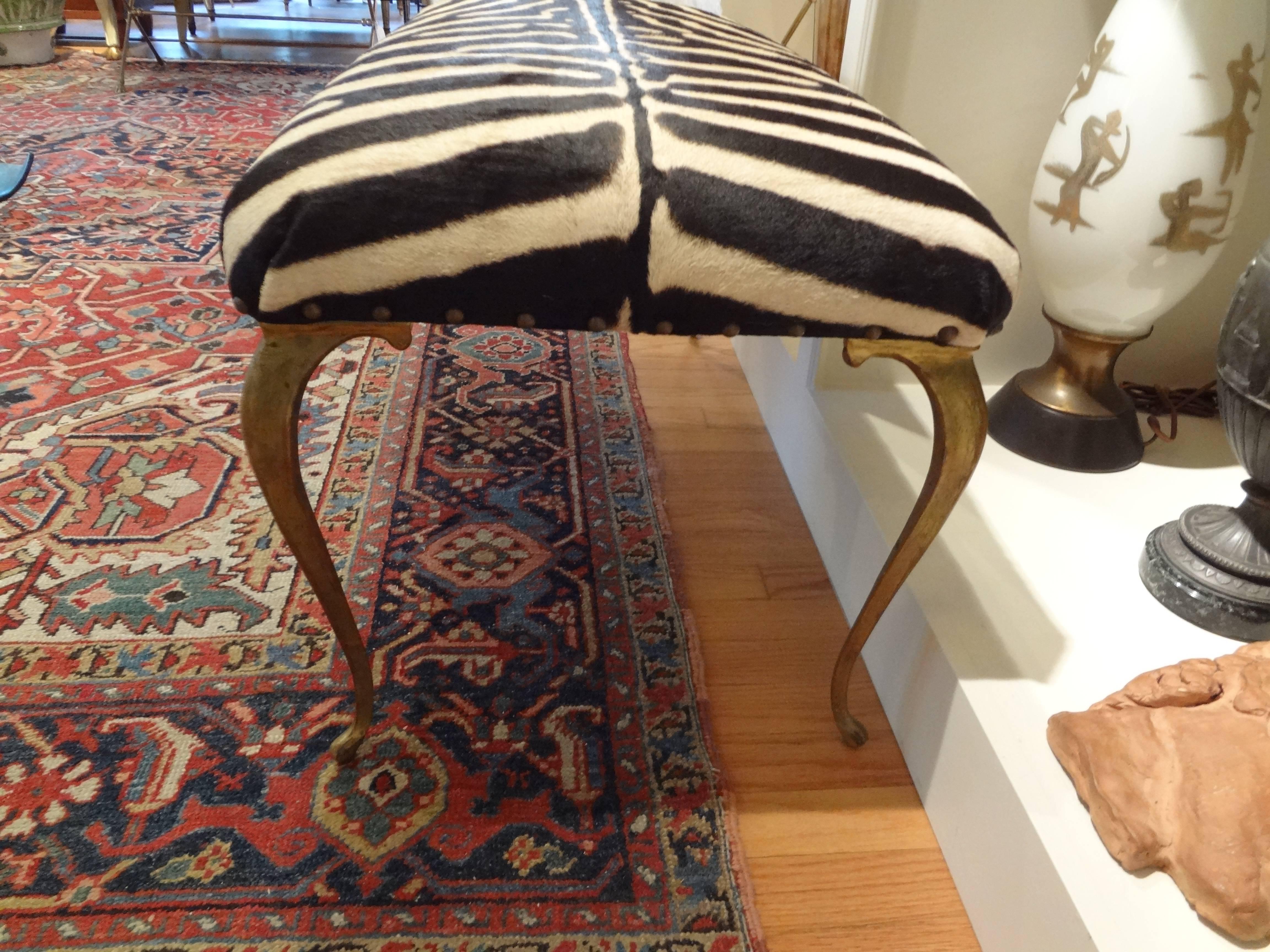 Italian Brass Bench Upholstered in Zebra Hide In Good Condition In Houston, TX