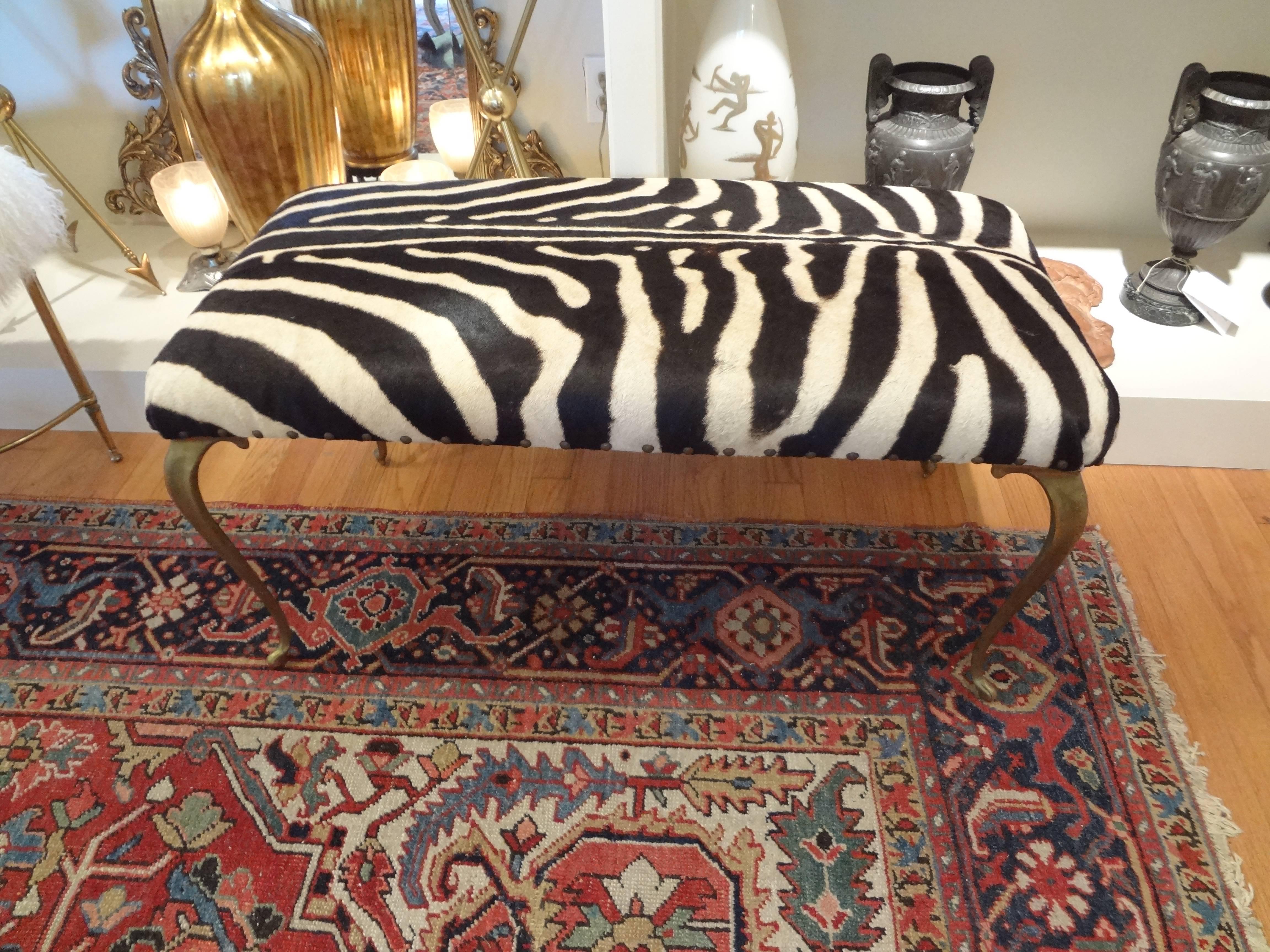Mid-20th Century Italian Brass Bench Upholstered in Zebra Hide