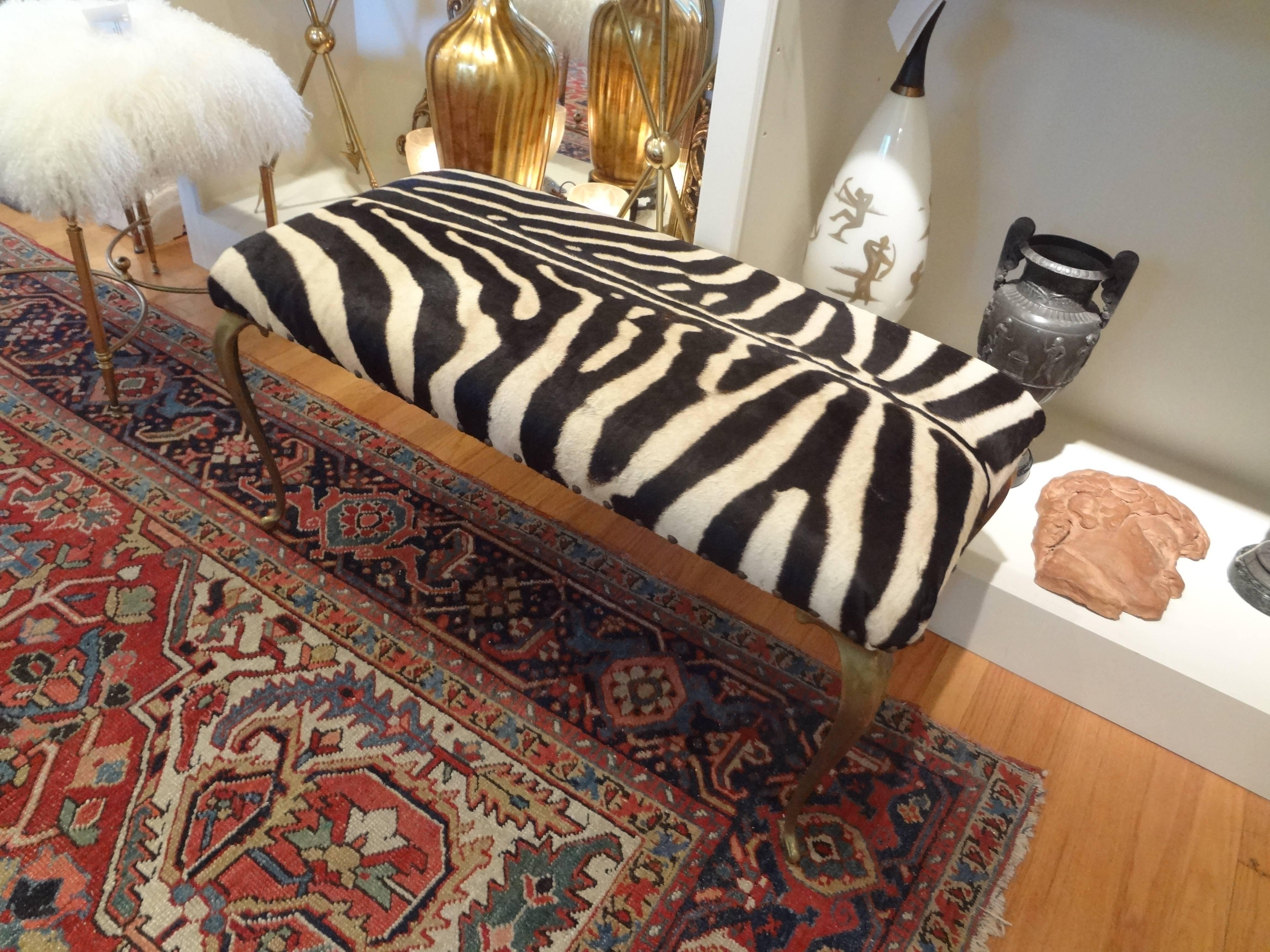 Italian Brass Bench Upholstered in Zebra Hide 1