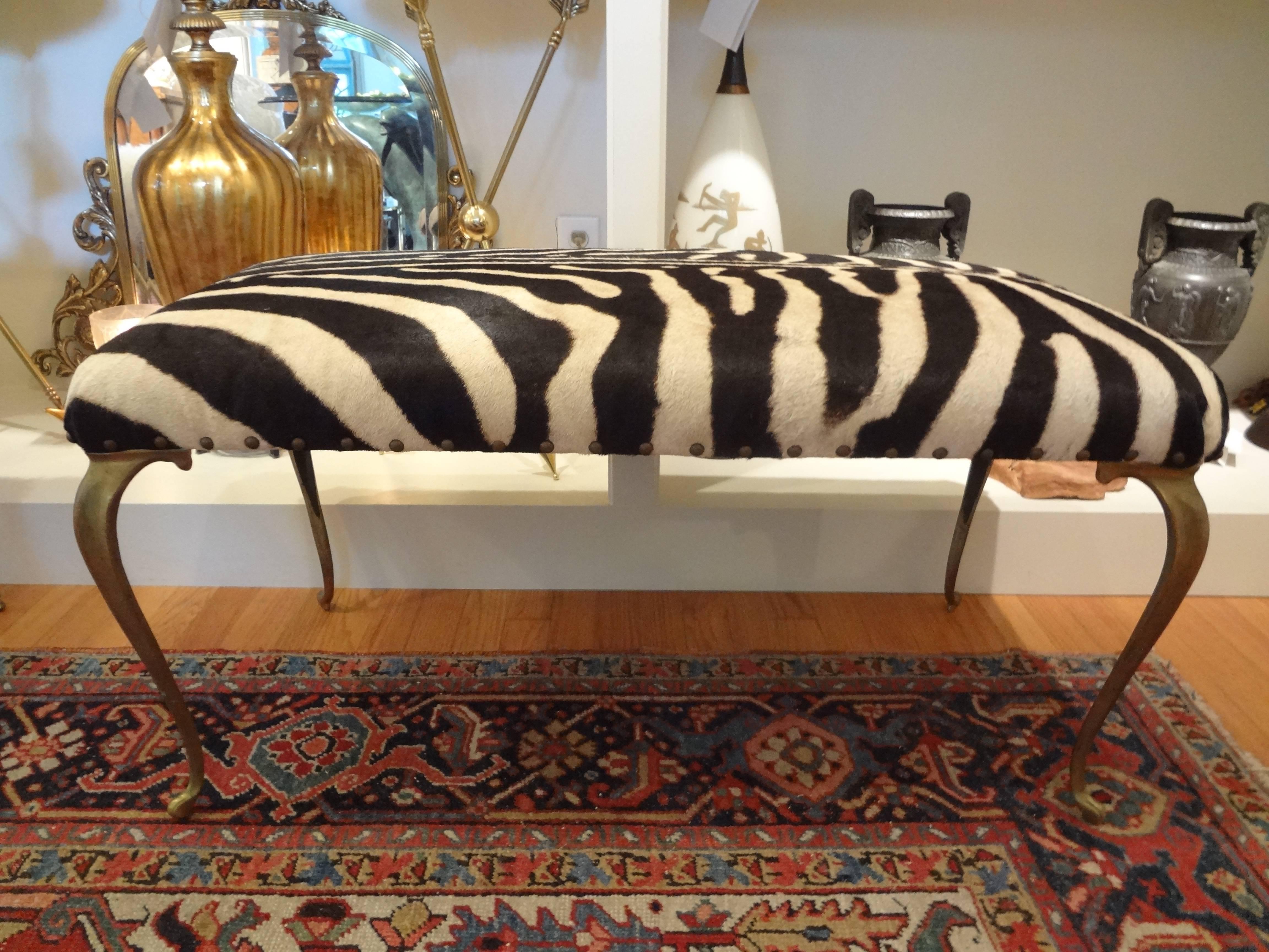 Italian Brass Bench Upholstered in Zebra Hide 2