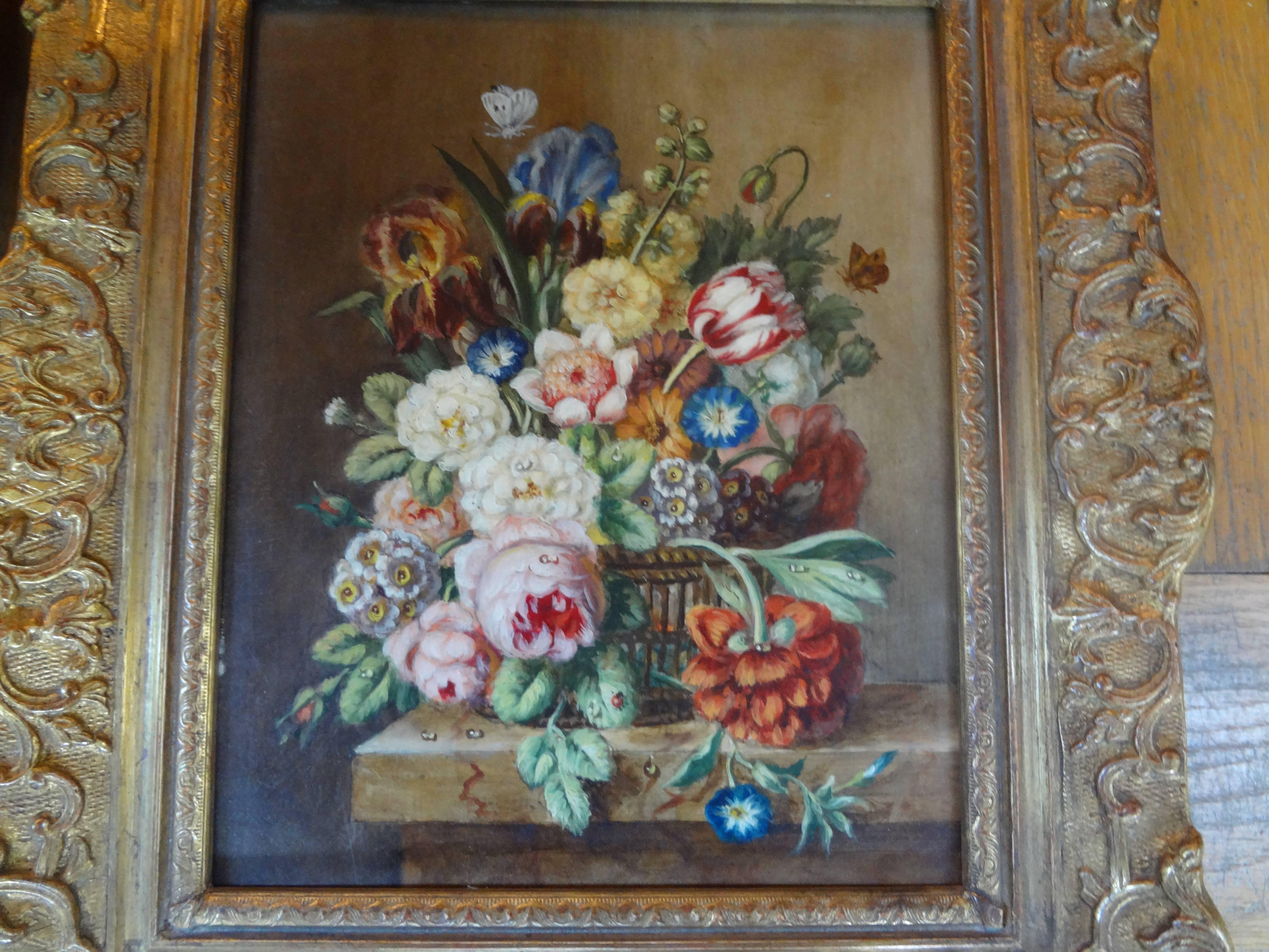 Pareja de Óleos Florales Antiguos Franceses Enmarcados Francés en venta