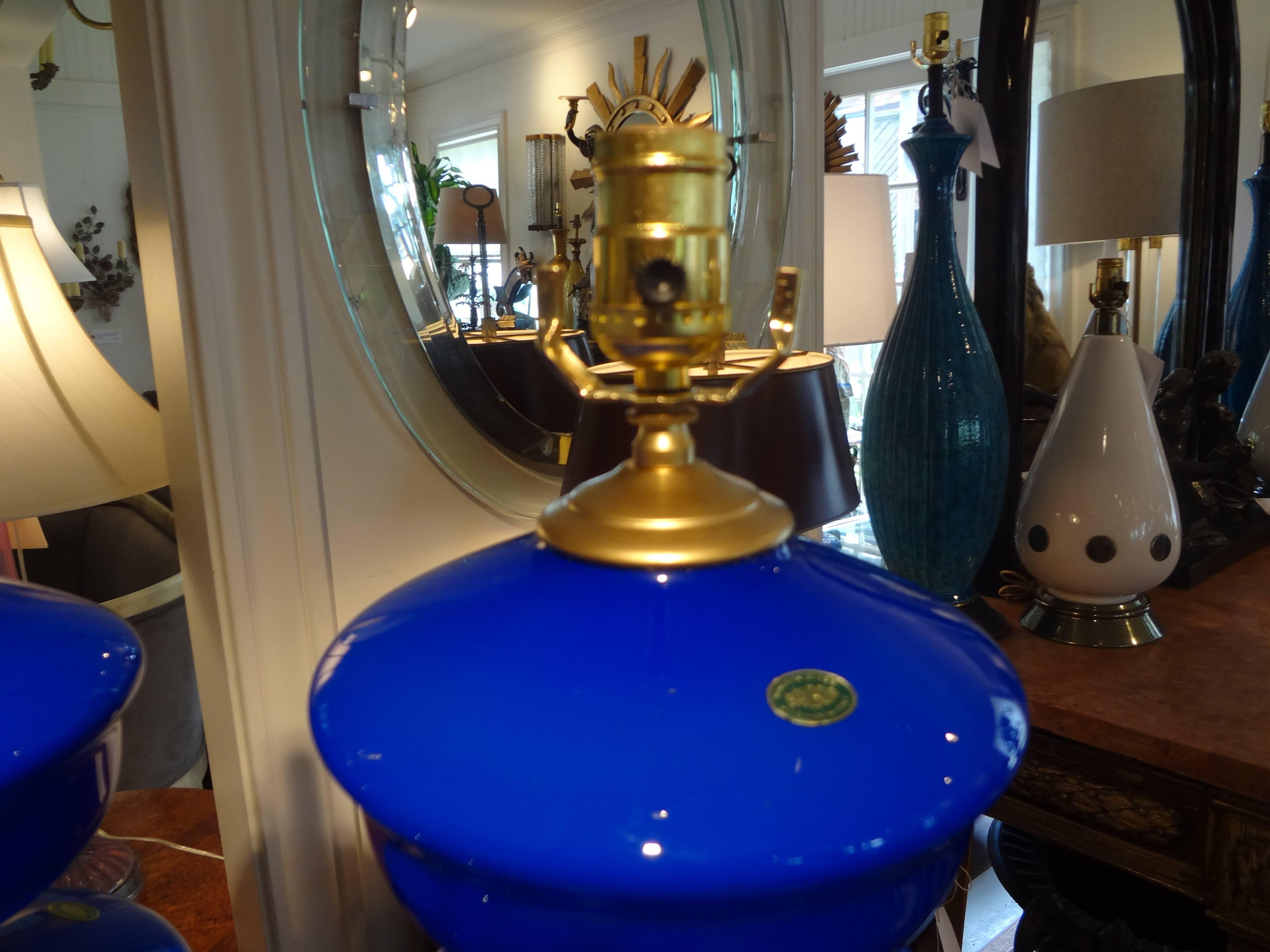 Italian Tall Pair Of Cobalt Blue Murano Glass Lamps Mounted On Lucite Bases