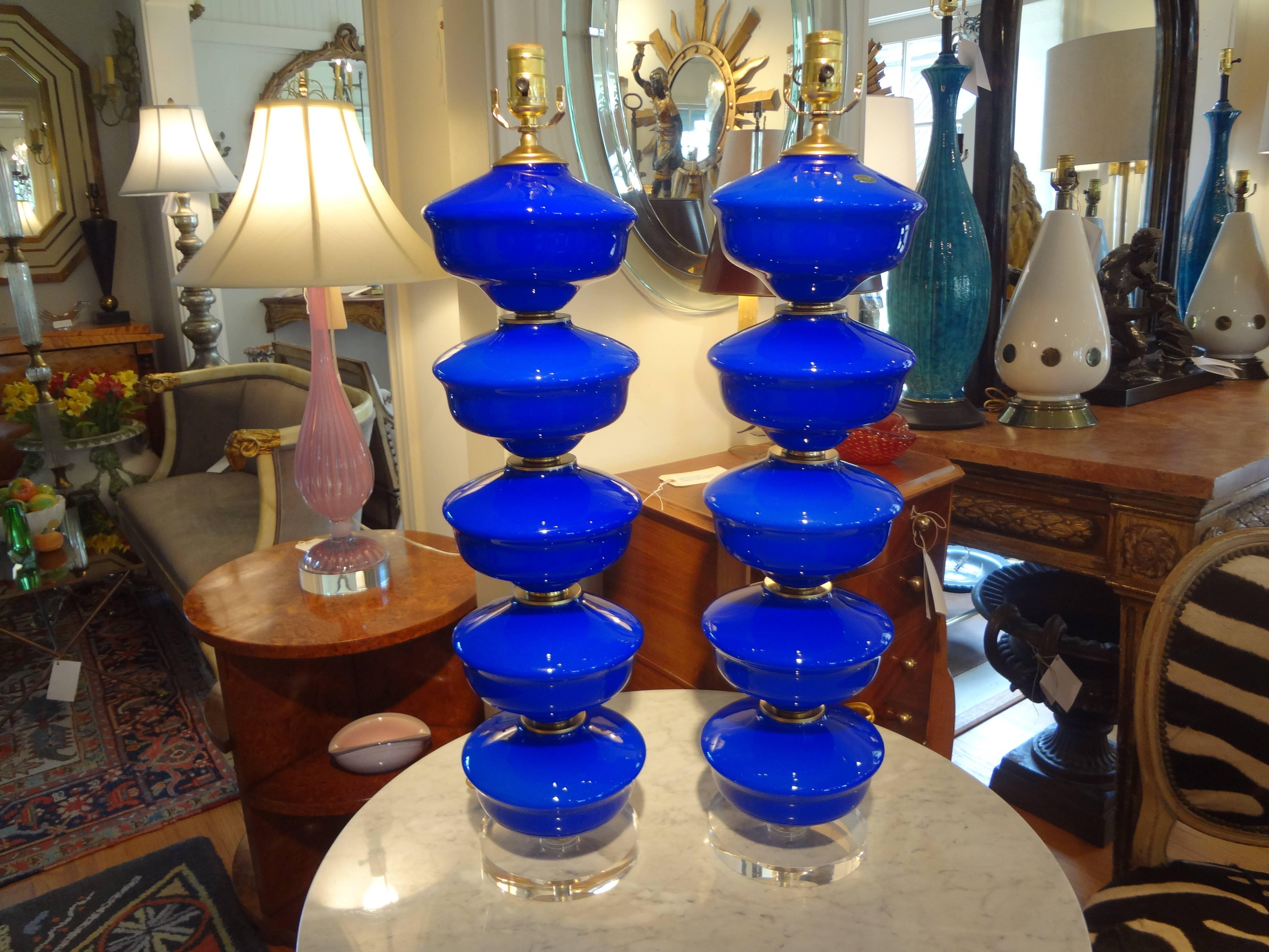 Mid-20th Century Tall Pair Of Cobalt Blue Murano Glass Lamps Mounted On Lucite Bases