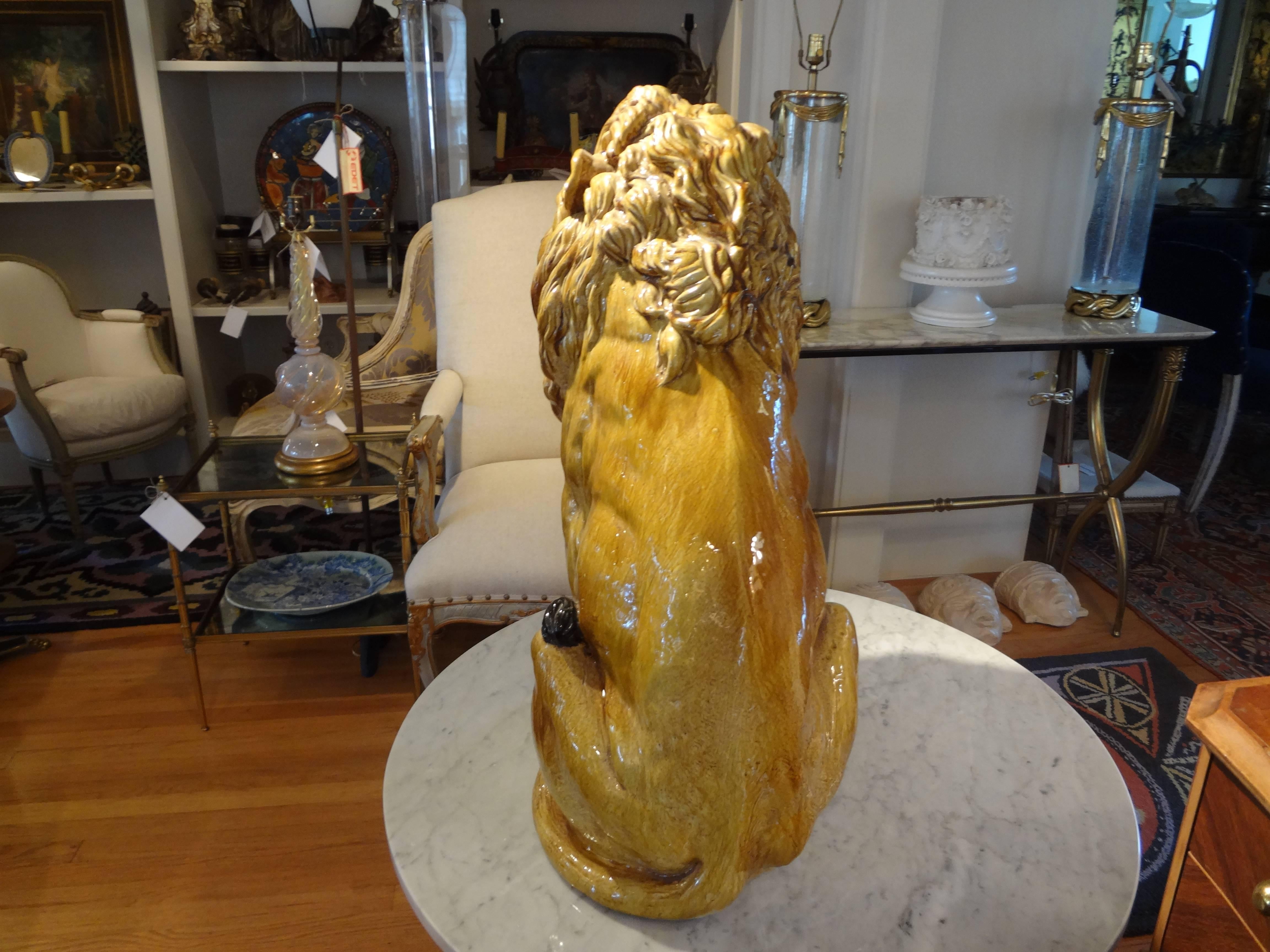 Hollywood Regency Italian Mid-Century Glazed Terra Cotta Lion Sculpture