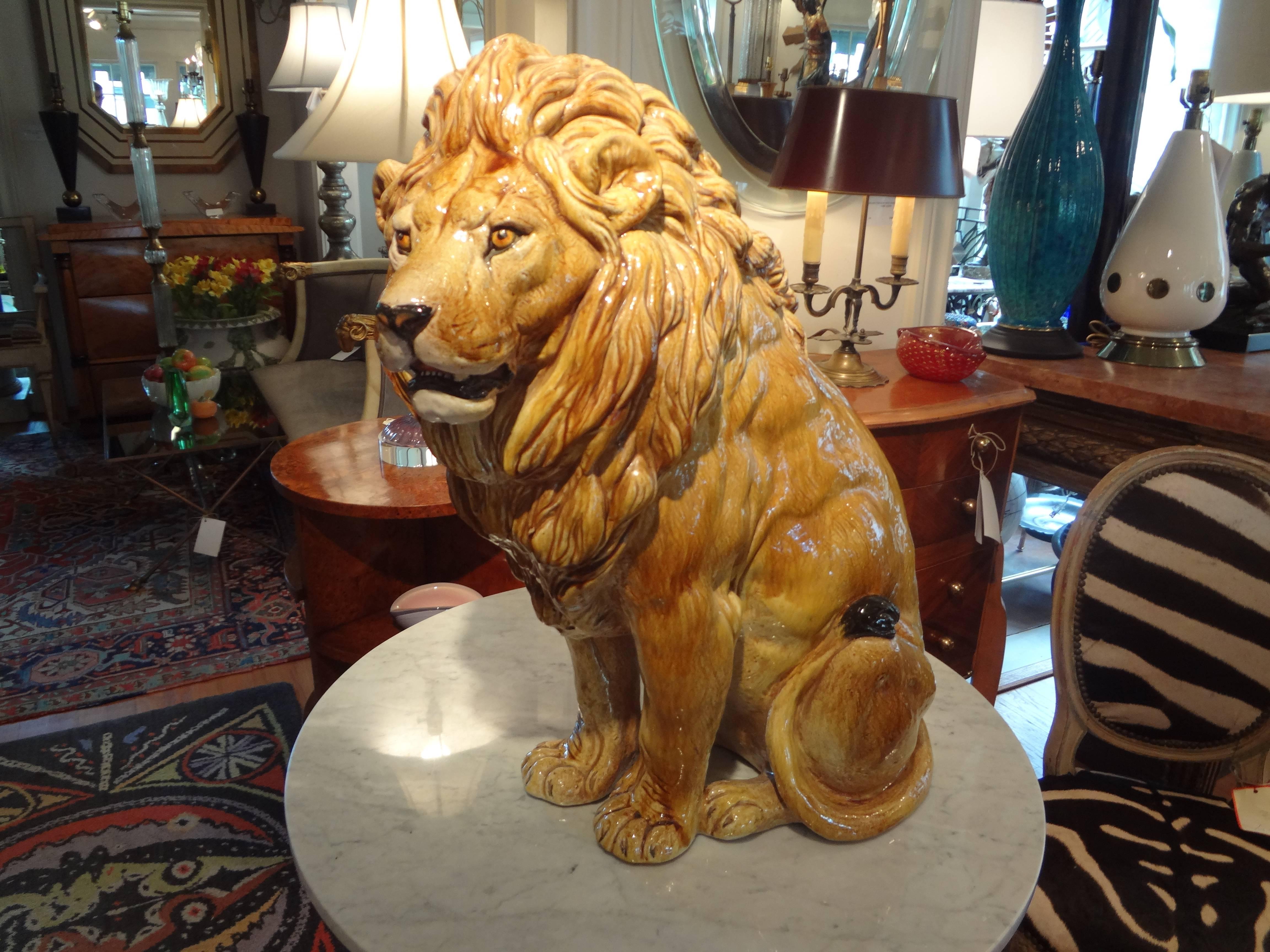 Late 20th Century Italian Mid-Century Glazed Terra Cotta Lion Sculpture